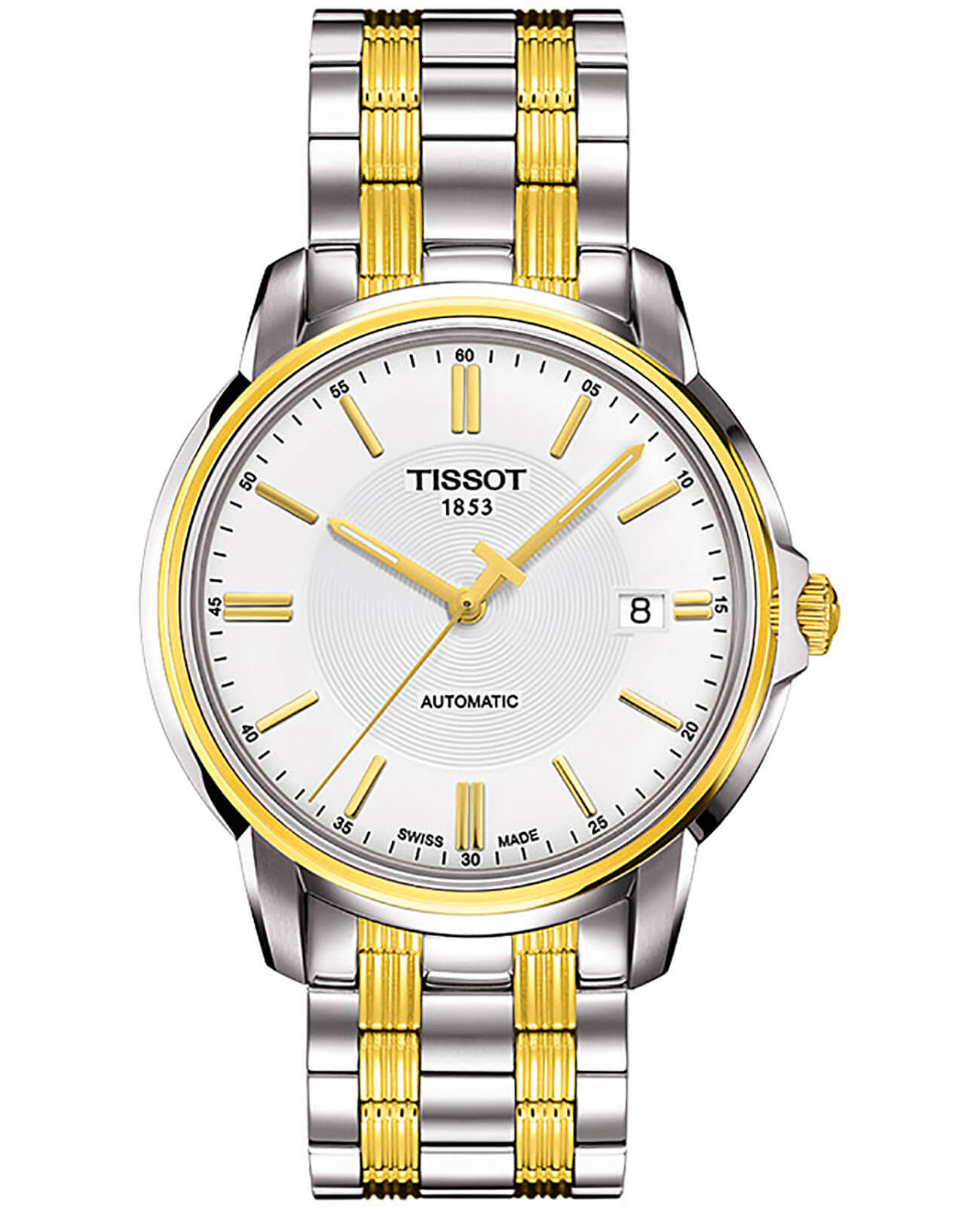 Tissot Tissot Automatics III Date T065.407.22.031.00 Automatics III T0654072203100 механические мужские часы белый циферблат, браслет сталь c pvd покрытием — вид спереди
