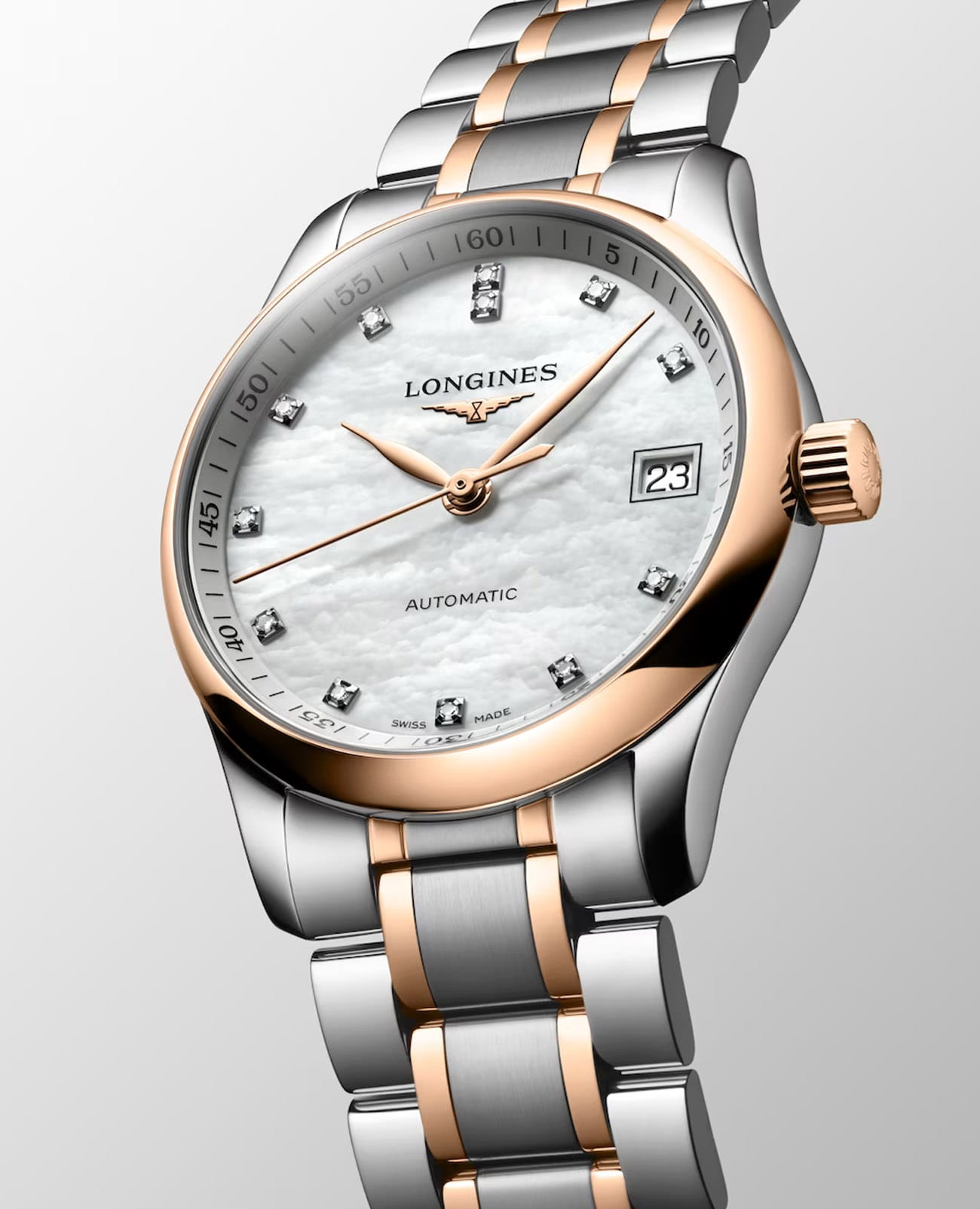 Longines Longines Master Collection L2.357.5.89.7, master collection швейцария женские часы на браслете нержавеющая сталь и 18 каратное розовое золото боковой вид