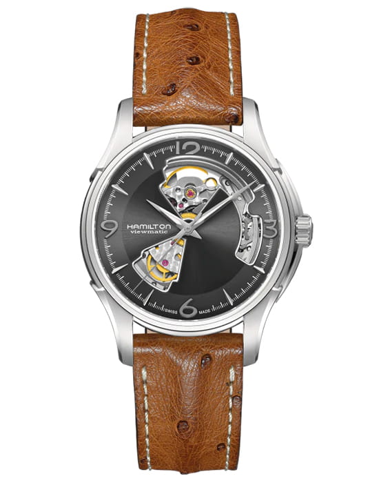 Hamilton Hamilton Jazzmaster Open Heart Auto H32565585  H32565585 механические мужские часы черный циферблат, браслет кожаный — вид спереди