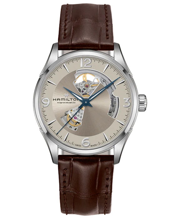 Hamilton Hamilton Jazzmaster Open Heart Auto H32705521  H32705521 механические мужские часы серебристый циферблат, браслет кожаный — вид спереди