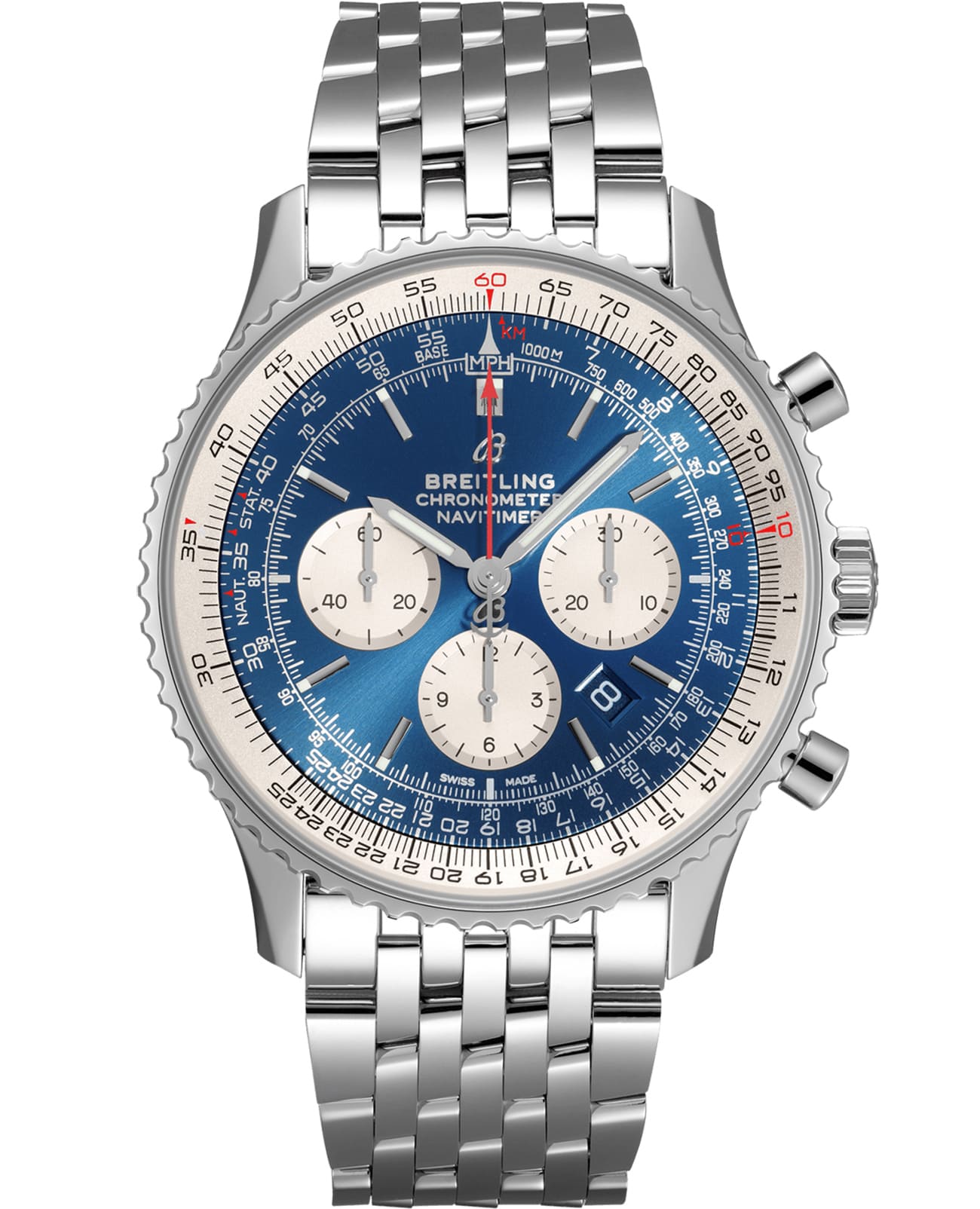 Breitling Breitling Navitimer B01 Chronograph 46 AB0127211C1A1  AB0127211C1A1 механические мужские часы синий циферблат, браслет нержавеющая сталь — вид спереди
