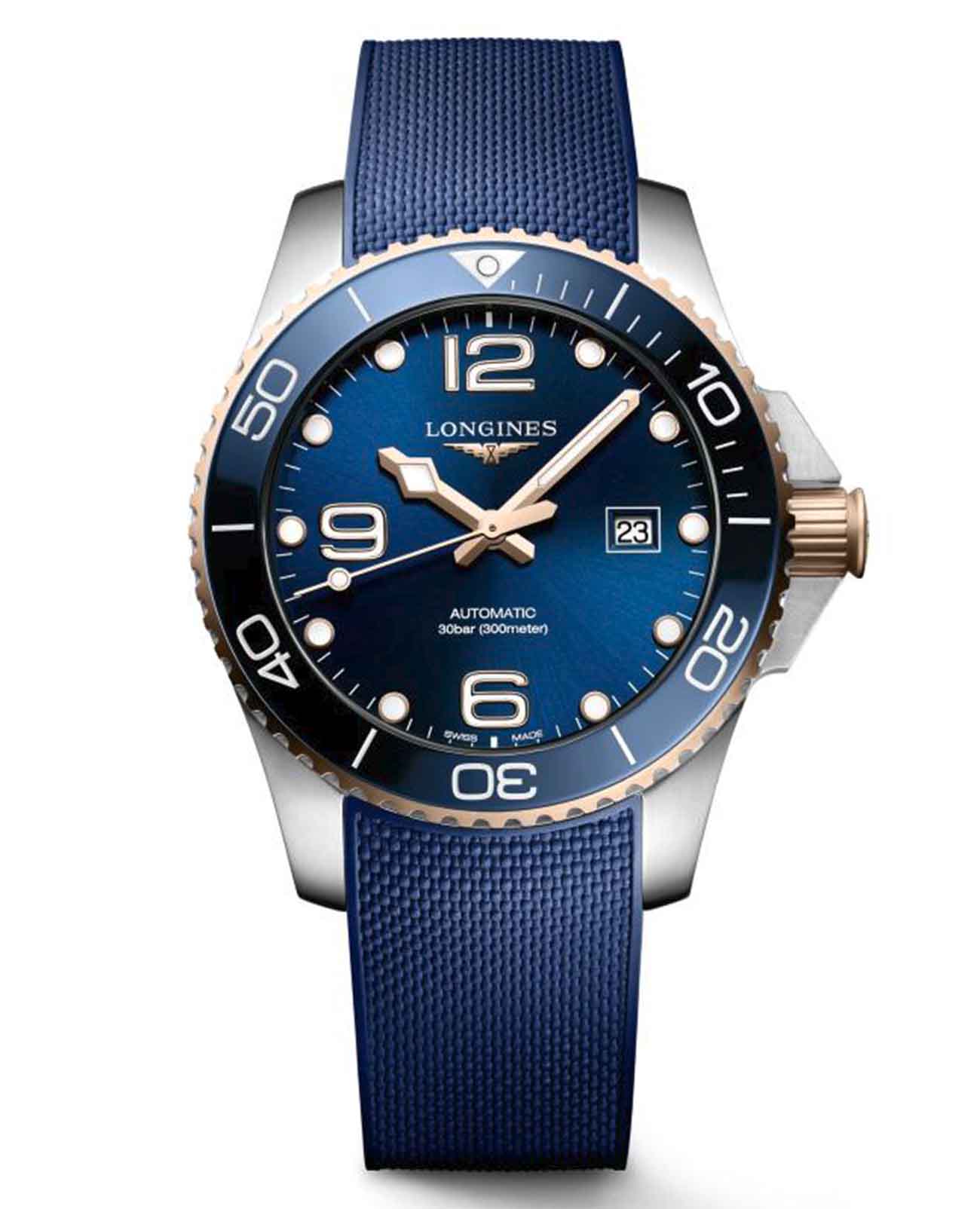 Longines Longines HydroConquest L3.782.3.98.9  L37823989 механические мужские часы синий циферблат, браслет каучук — вид спереди