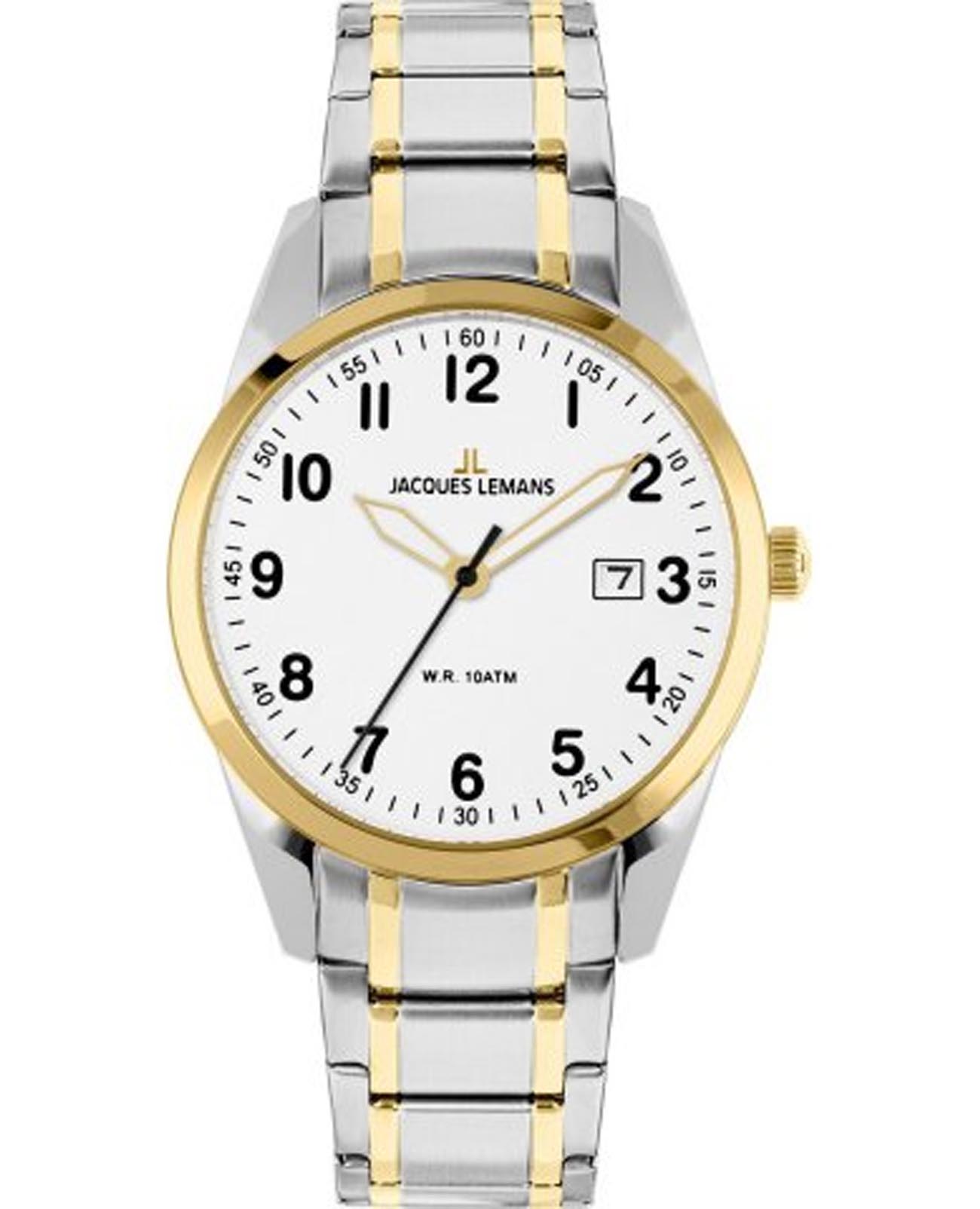 Jacques Lemans Jacques Lemans Classic 1-2002U  1-2002U кварцевые мужские часы белый циферблат, браслет нержавеющая сталь с pvd-покрытием — вид спереди