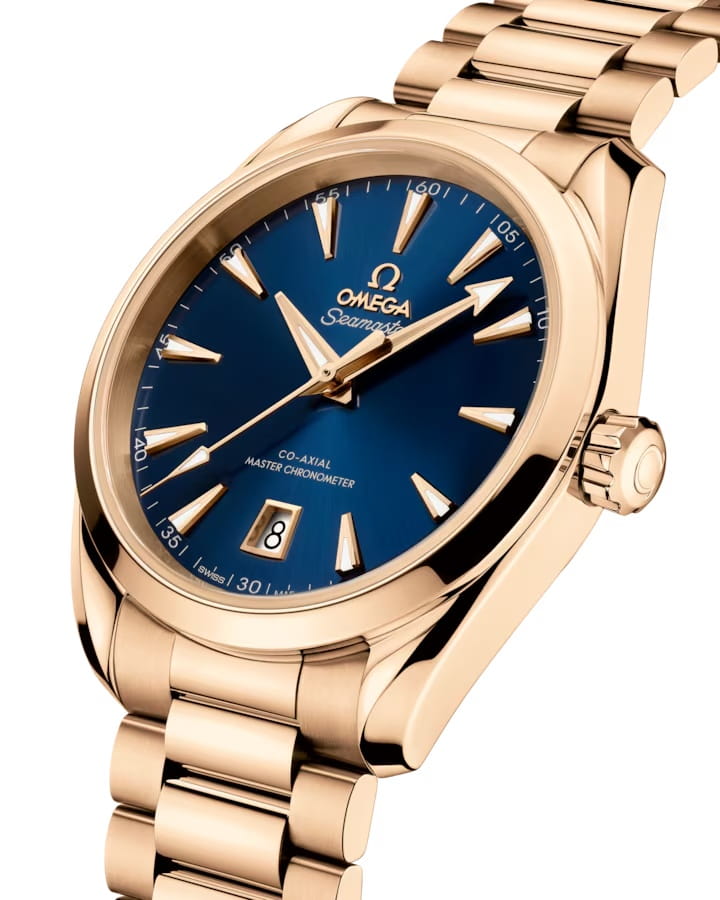 Omega Omega Seamaster Aqua Terra 220.50.38.20.03.001, seamaster швейцария женские часы на браслете 18-каратное желтое золото боковой вид