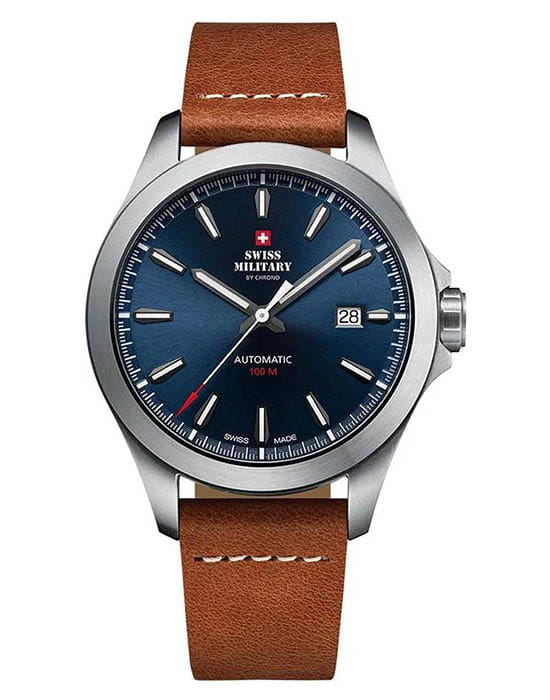 Swiss Military by Chrono Swiss Military by Chrono SMA34077.09  SMA34077.09 механические мужские часы синий циферблат, браслет кожаный — вид спереди