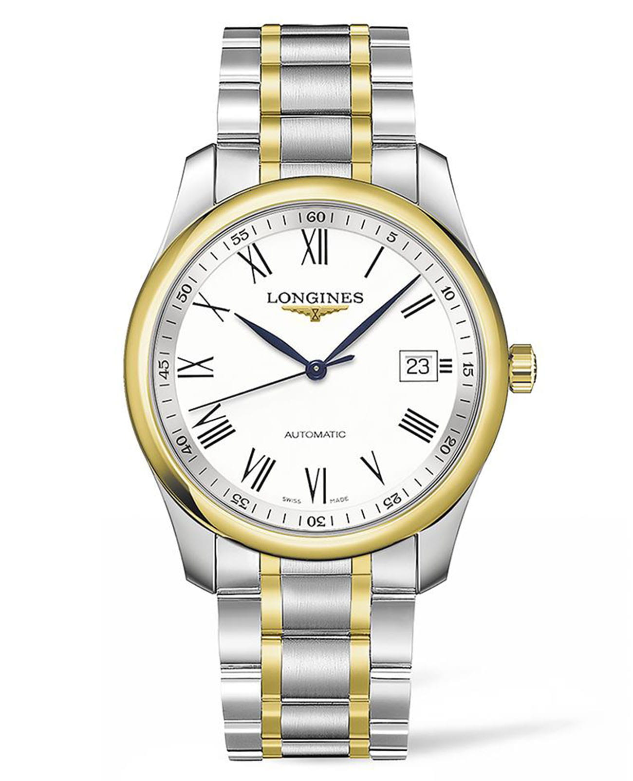 Longines Longines Master Collection L2.793.5.19.7  L27935197 механические мужские часы белый циферблат, браслет нержавеющая сталь + золото 18к — вид спереди