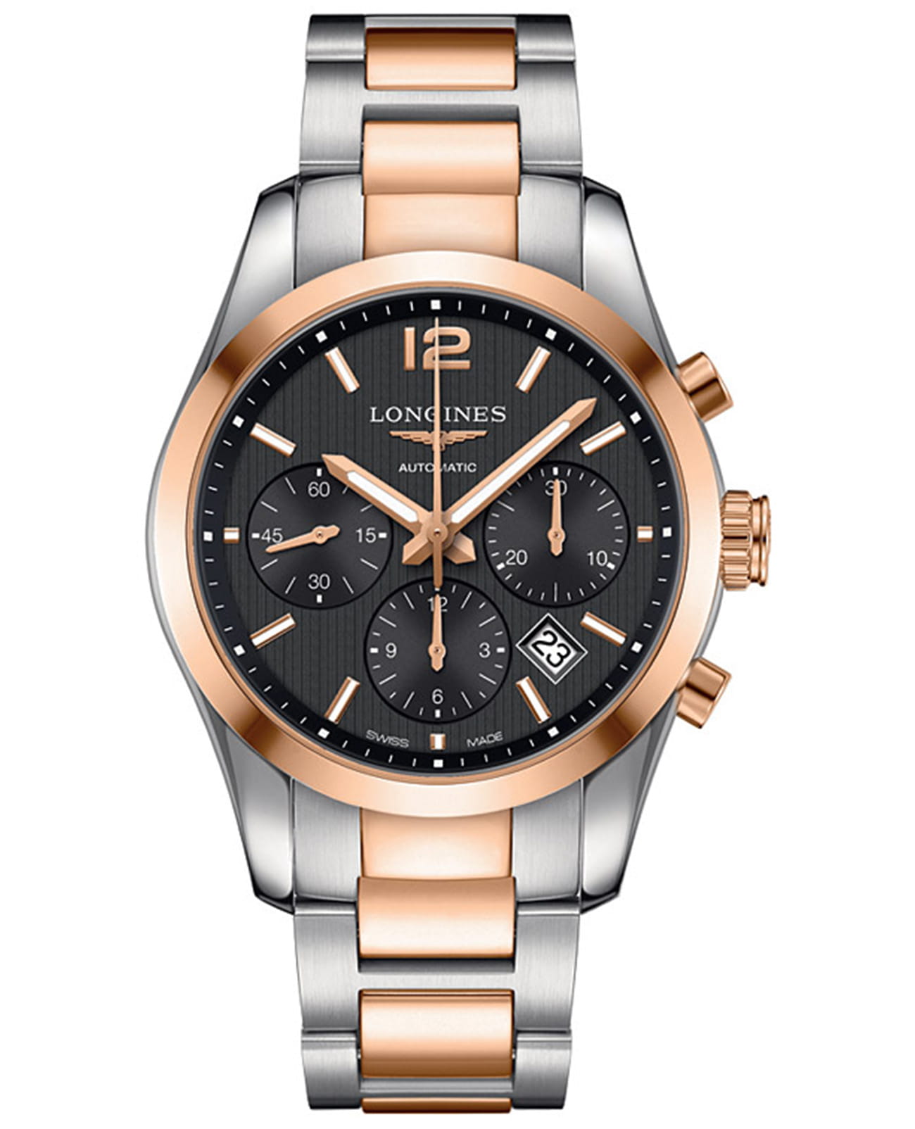 Longines Longines Conquest Collection L2.786.5.56.7  L27865567 механические мужские часы черный циферблат, браслет нержавеющая сталь + золото 18к — вид спереди