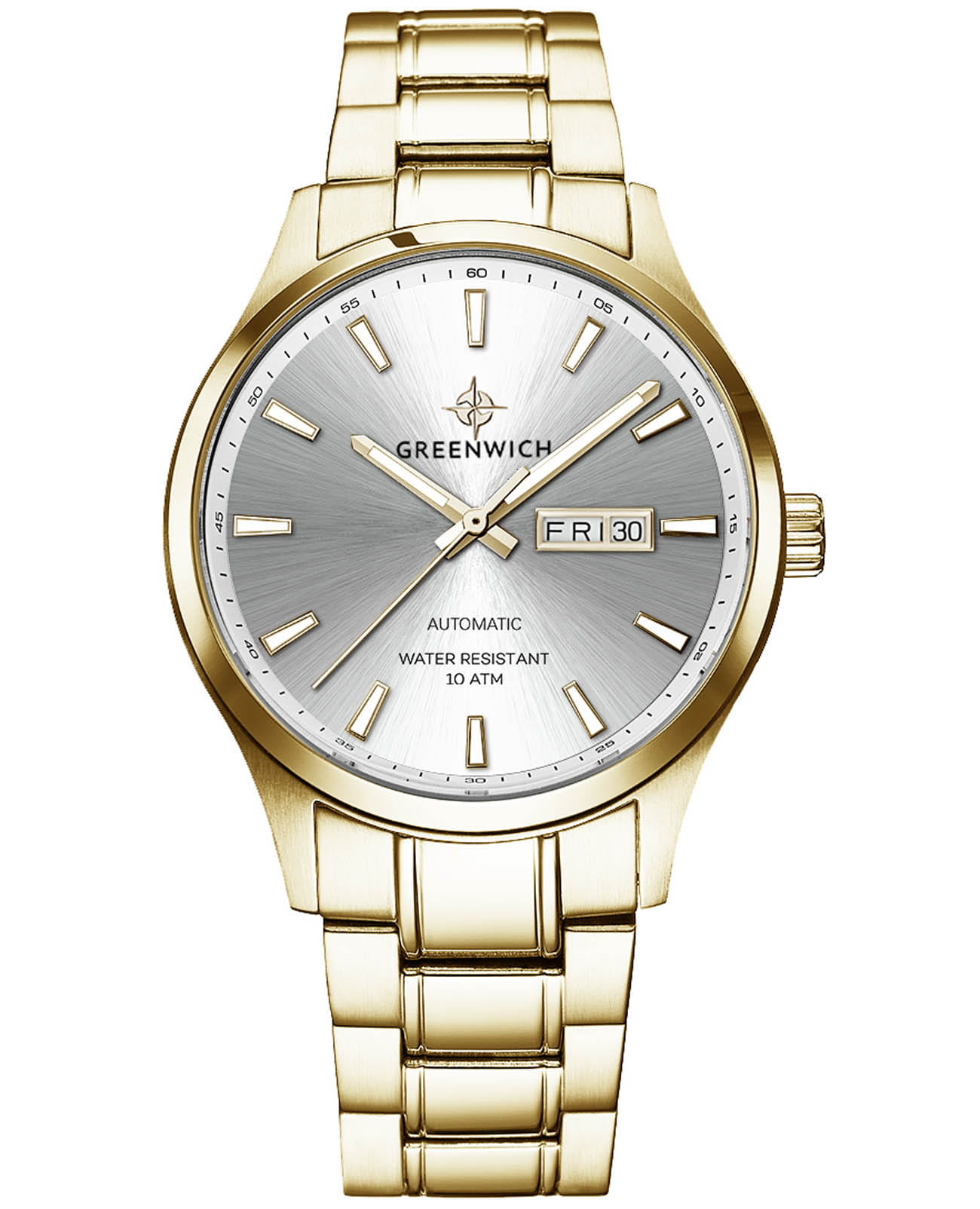 Greenwich Greenwich Good Luck GW 054.20.33  GW 054.20.33 механические мужские часы белый циферблат, браслет сталь c pvd покрытием — вид спереди