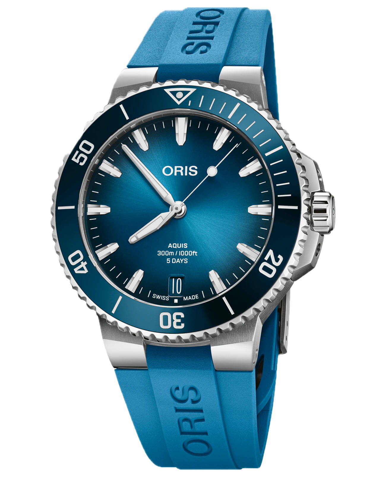 Oris Oris Aquis Date Calibre 400 01 400 7790 4135-07 4 23 45EB  01 400 7790 4135-07 4 23 45EB механические мужские часы синий циферблат, браслет каучук — вид спереди