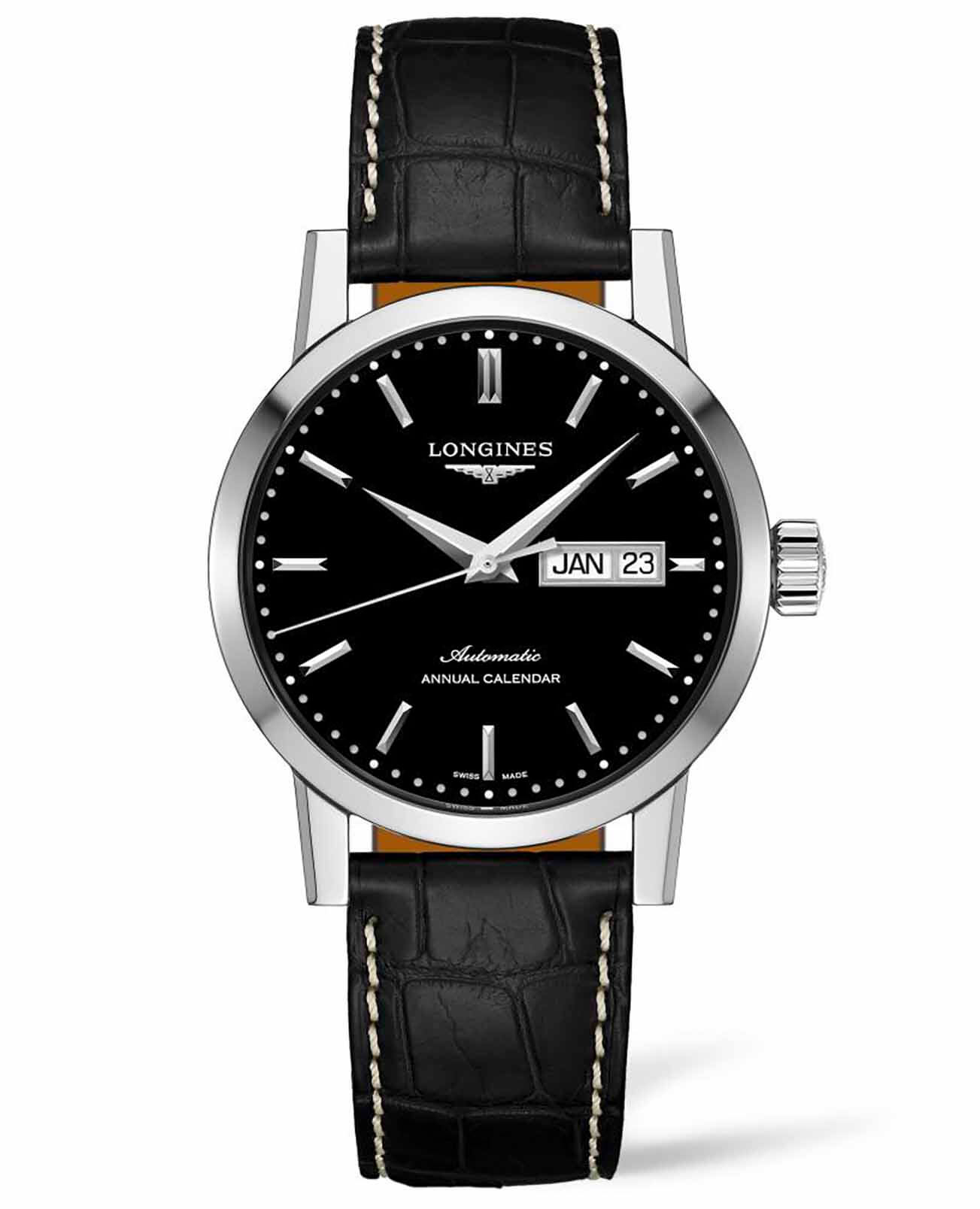 Longines Longines 1832 L4.827.4.52.0  L48274520 механические мужские часы черный циферблат, браслет кожаный — вид спереди