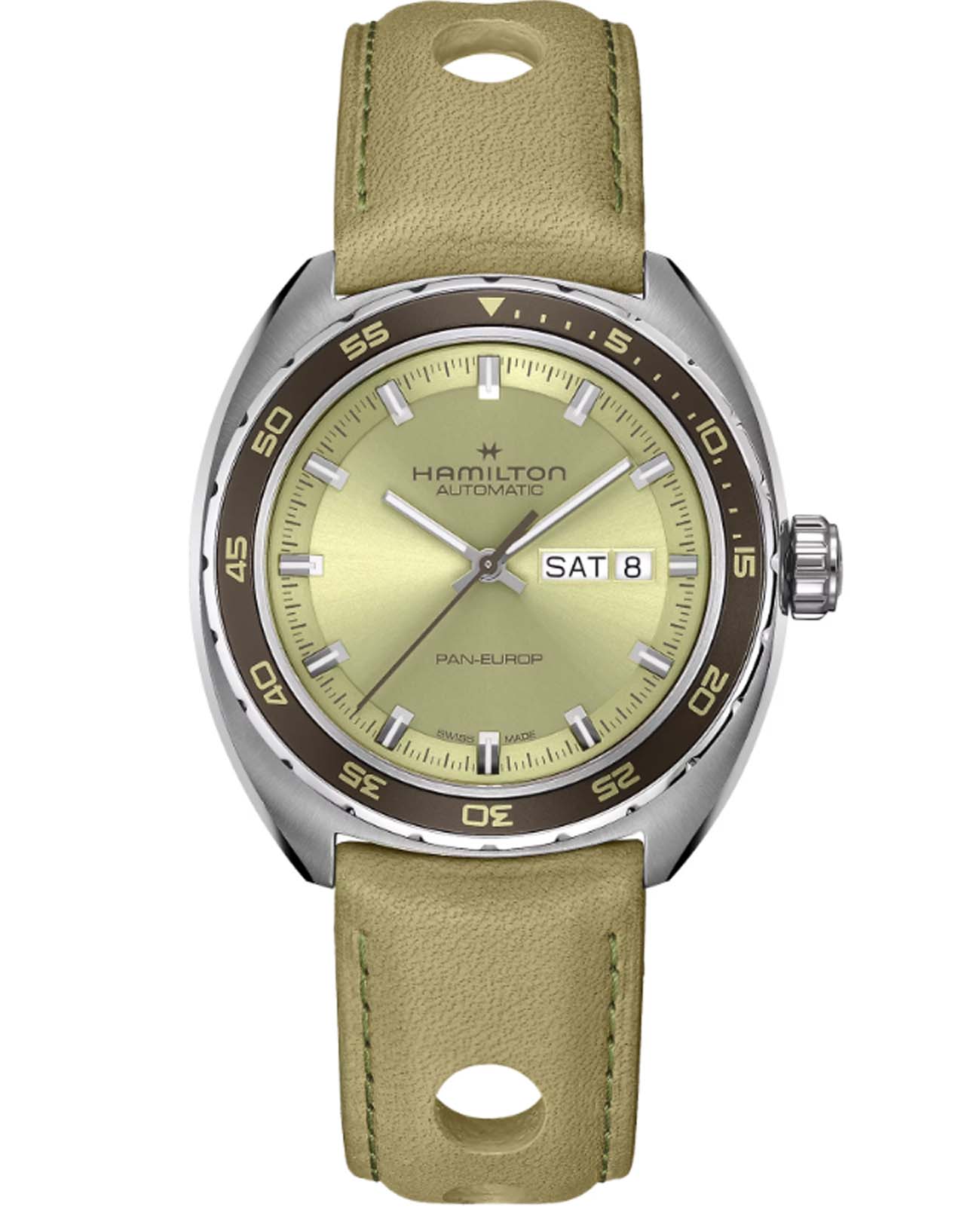 Hamilton Hamilton American Classic Pan Europ Day Date Auto H35445860  H35445860 механические мужские часы зеленый циферблат, браслет кожаный — вид спереди