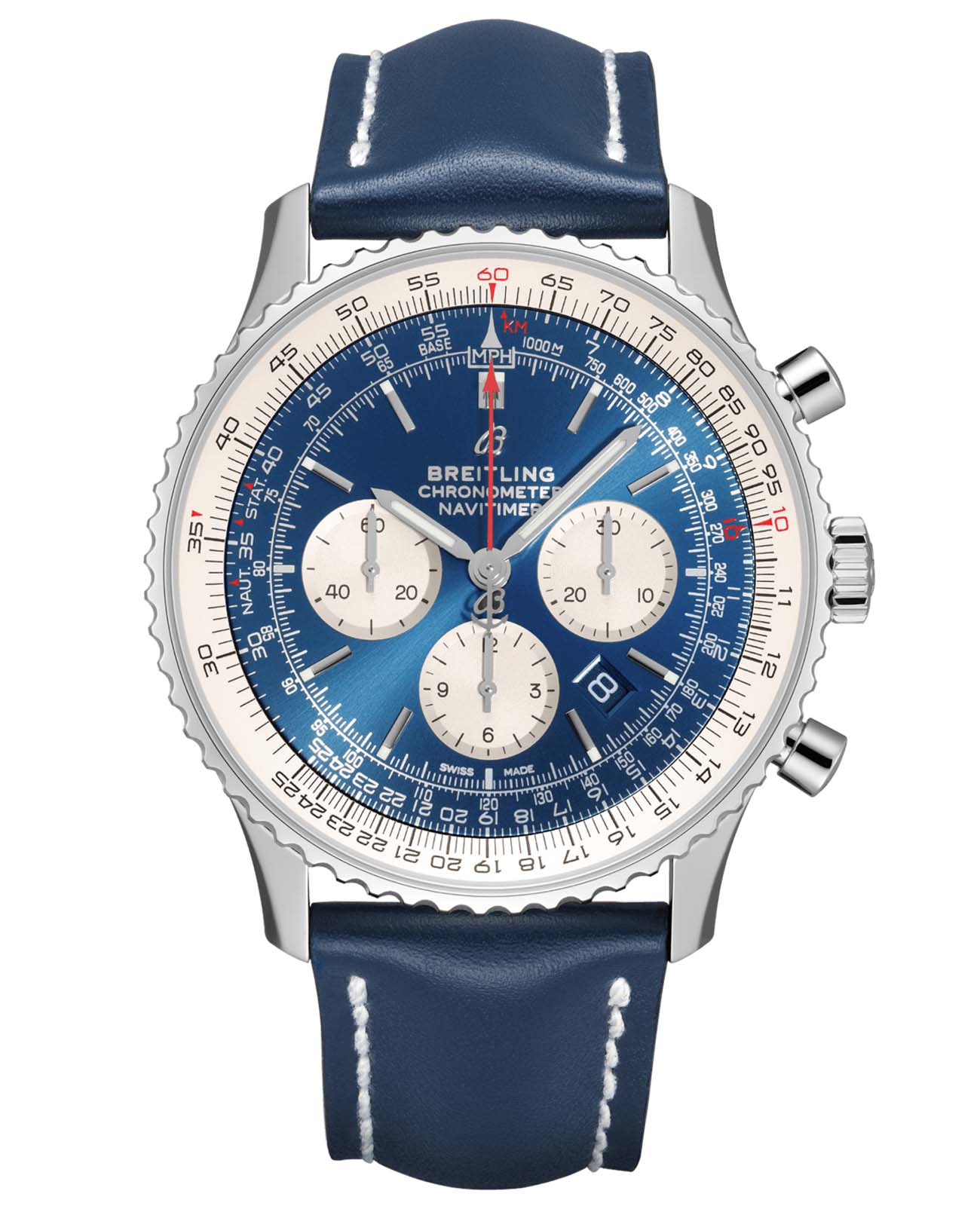 Breitling Breitling Navitimer B01 Chronograph 46 AB0127211C1X1  AB0127211C1X1 механические мужские часы синий циферблат, браслет кожаный — вид спереди