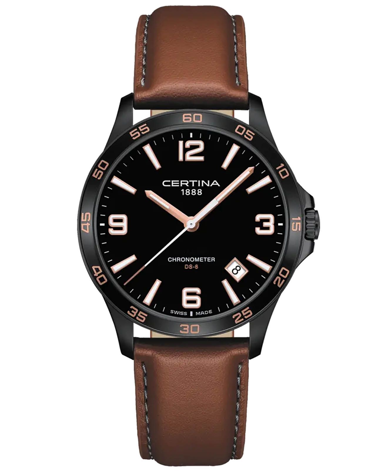 Certina Certina DS-8 C033.851.36.057.00 DS 8 C0338513605700 кварцевые мужские часы черный циферблат, браслет кожаный — вид спереди
