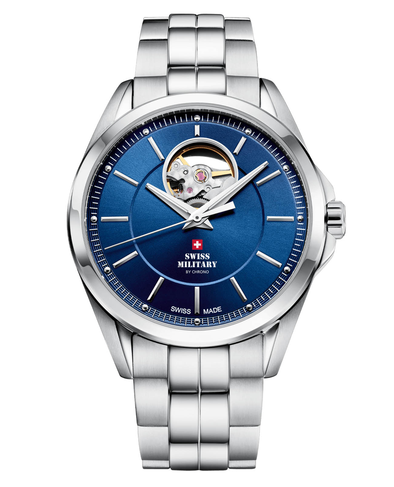 Swiss Military by Chrono Swiss Military by Chrono SMA34085.23  SMA34085.23 механические мужские часы синий циферблат, браслет нержавеющая сталь — вид спереди