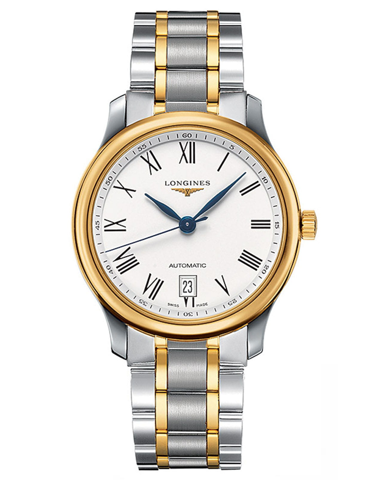 Longines Longines Master Collection L2.628.5.11.7  L26285117 механические мужские часы белый циферблат, браслет нержавеющая сталь + золото 18к — вид спереди