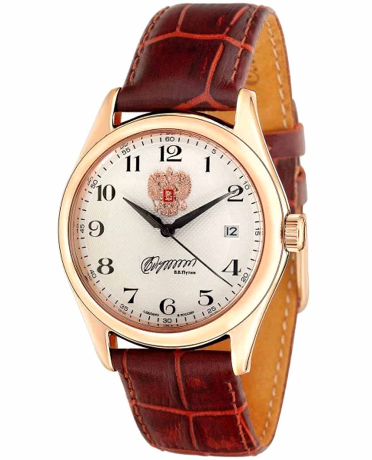 Слава Слава Премьер 1493910/300-8215  1493910/300-8215 механические мужские часы белый циферблат, браслет кожаный — вид спереди