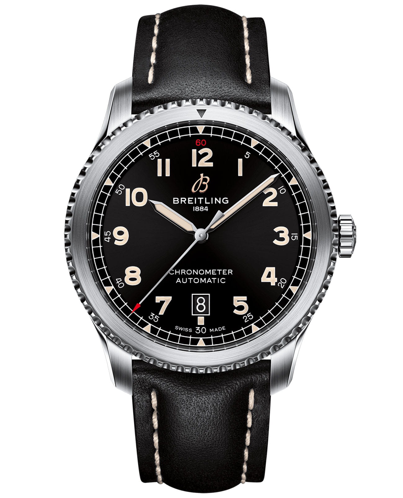 Breitling Breitling Aviator 8 Automatic 41 A17315101B1X2  A17315101B1X2 механические мужские часы черный циферблат, браслет кожаный — вид спереди