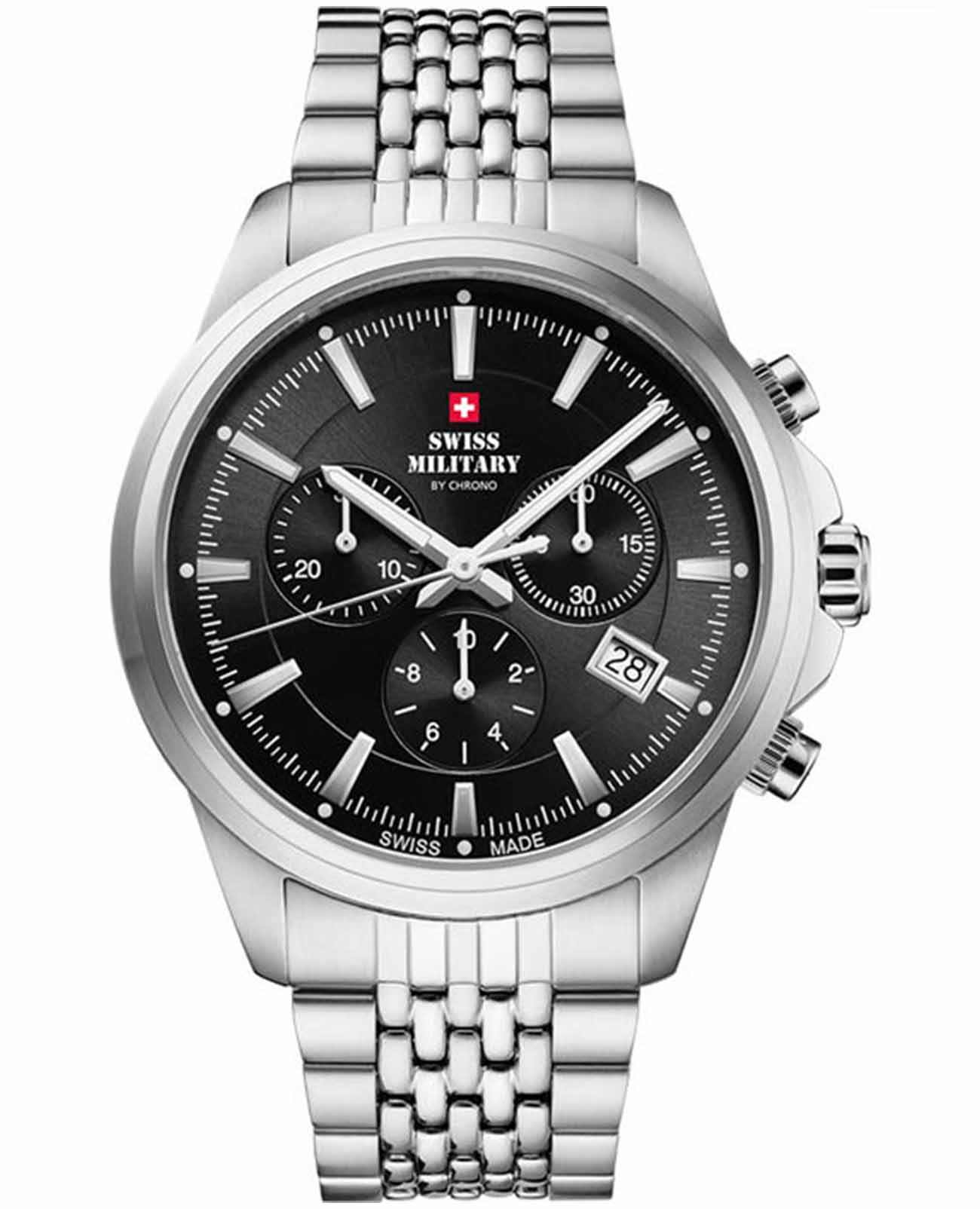 Swiss Military by Chrono Swiss Military by Chrono Sports Chronograph SM34107.01  SM34107.01 кварцевые мужские часы черный циферблат, браслет нержавеющая сталь — вид спереди