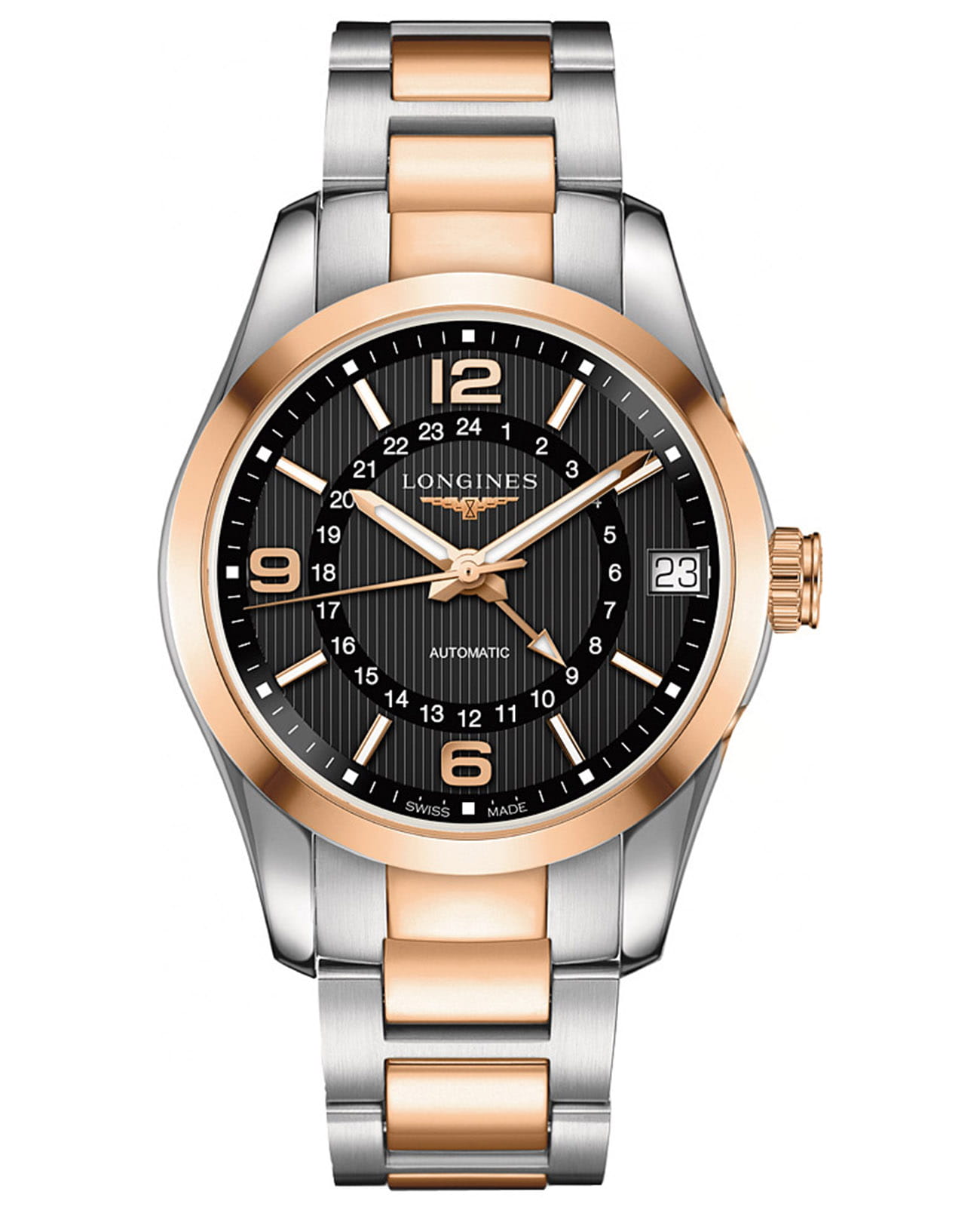 Longines Longines Conquest Collection L2.799.5.56.7  L27995567 механические мужские часы черный циферблат, браслет нержавеющая сталь + золото 18к — вид спереди