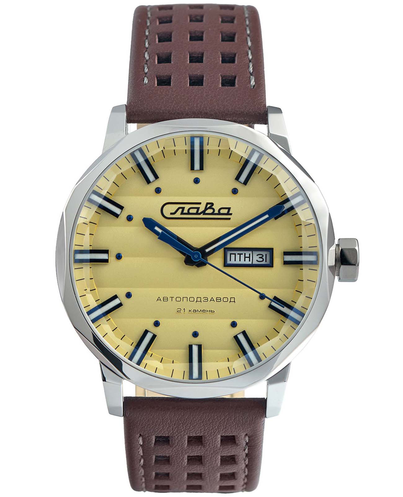 Слава Слава Эра 3020693/300-8205  3020693/300-8205 механические мужские часы желтый циферблат, браслет кожаный — вид спереди