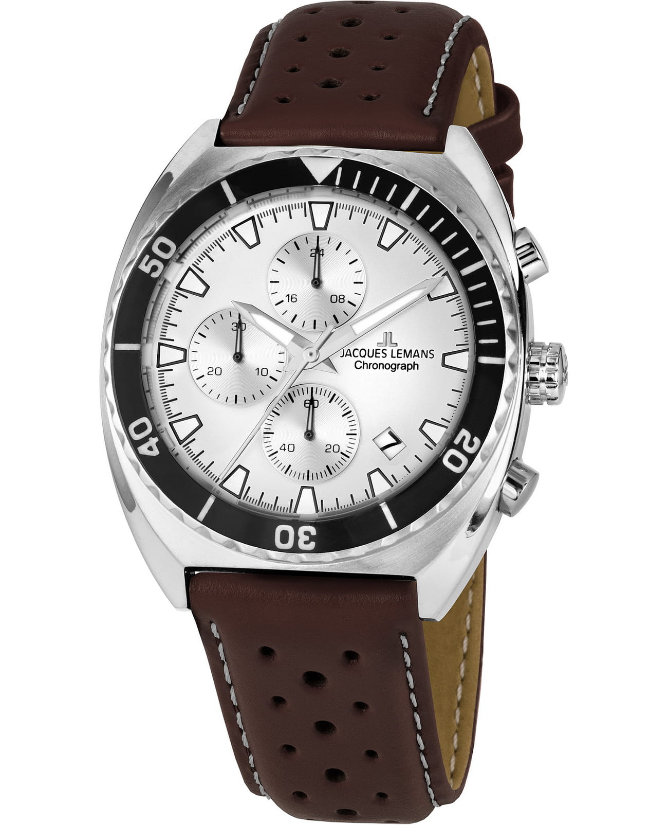 Jacques Lemans Jacques Lemans Sport 1-2041J  1-2041J кварцевые мужские часы серебристый циферблат, браслет кожаный — вид спереди