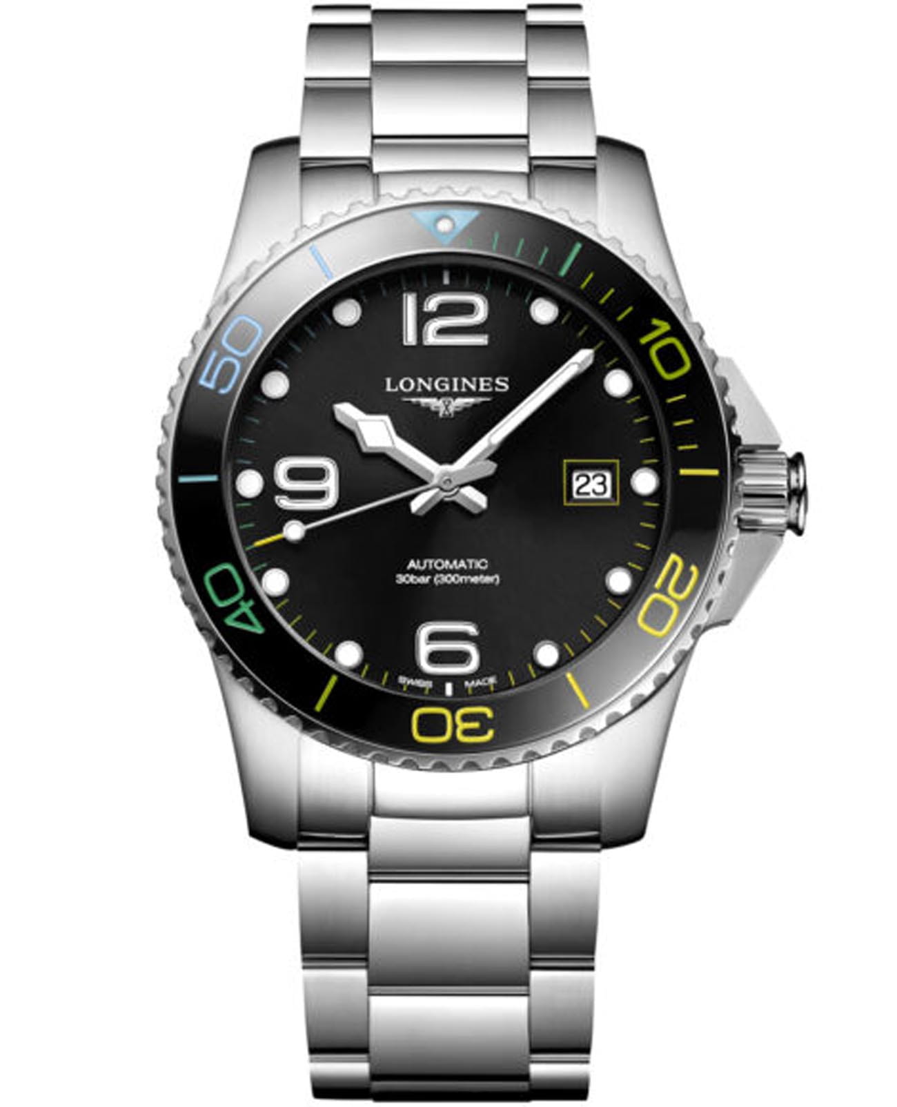 Longines Longines HydroConquest L3.781.4.59.6  L37814596 механические мужские часы черный циферблат, браслет нержавеющая сталь — вид спереди