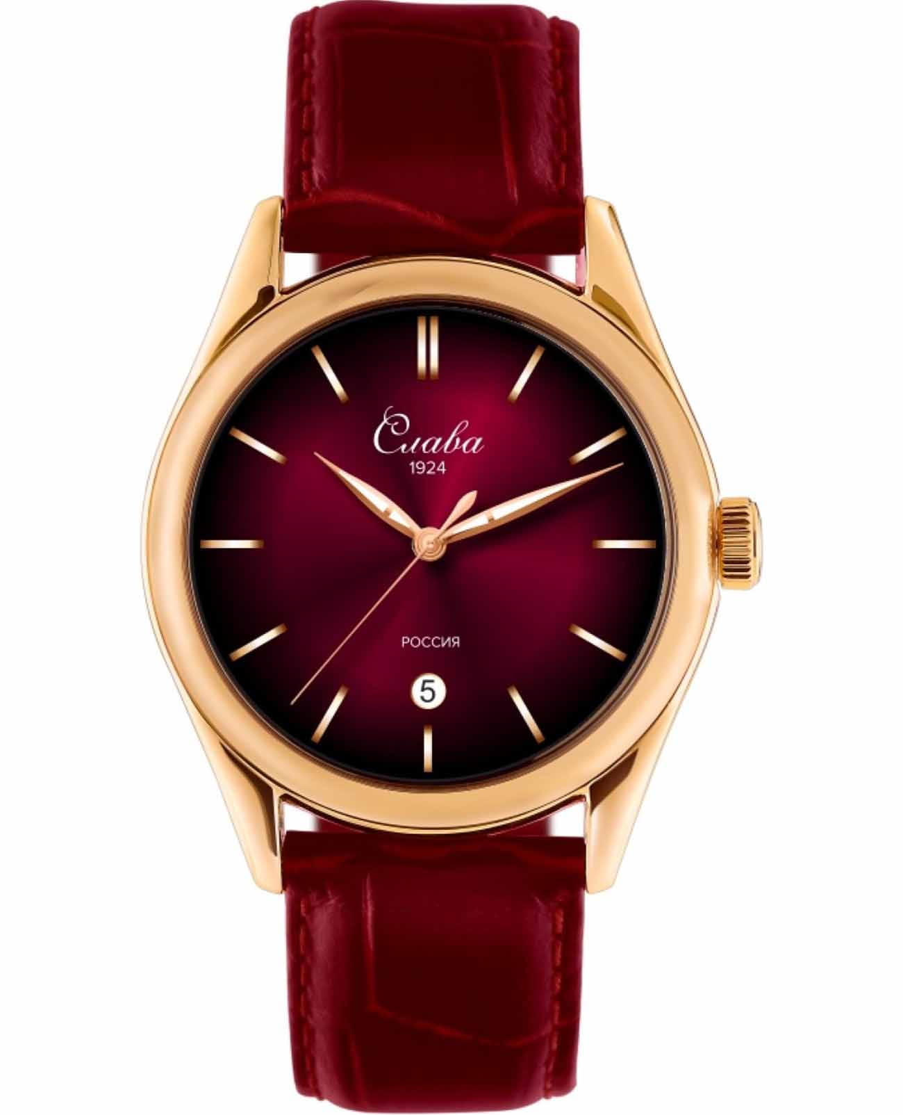 Слава Слава Сенат 2493524/300-2115  2493524/300-2115 кварцевые мужские часы красный циферблат, браслет кожаный — вид спереди