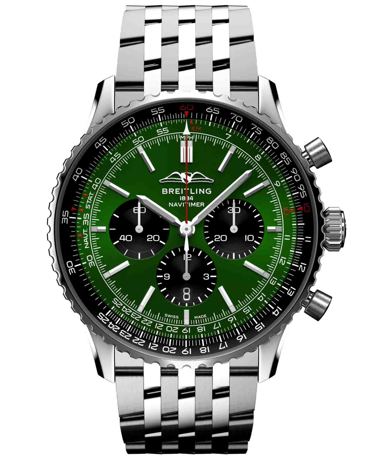 Breitling Breitling Navitimer B01 Chronograph 46 AB0137241L1A1  AB0137241L1A1 механические мужские часы зеленый циферблат, браслет нержавеющая сталь — вид спереди