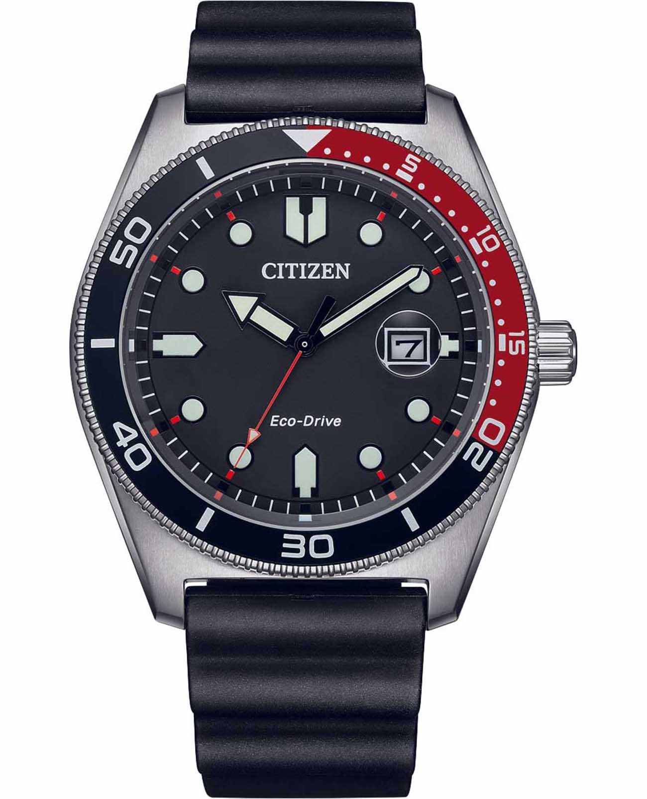 Citizen Citizen Eco-Drive AW1769-10E  AW1769-10E кварцевые мужские часы черный циферблат, браслет каучук — вид спереди