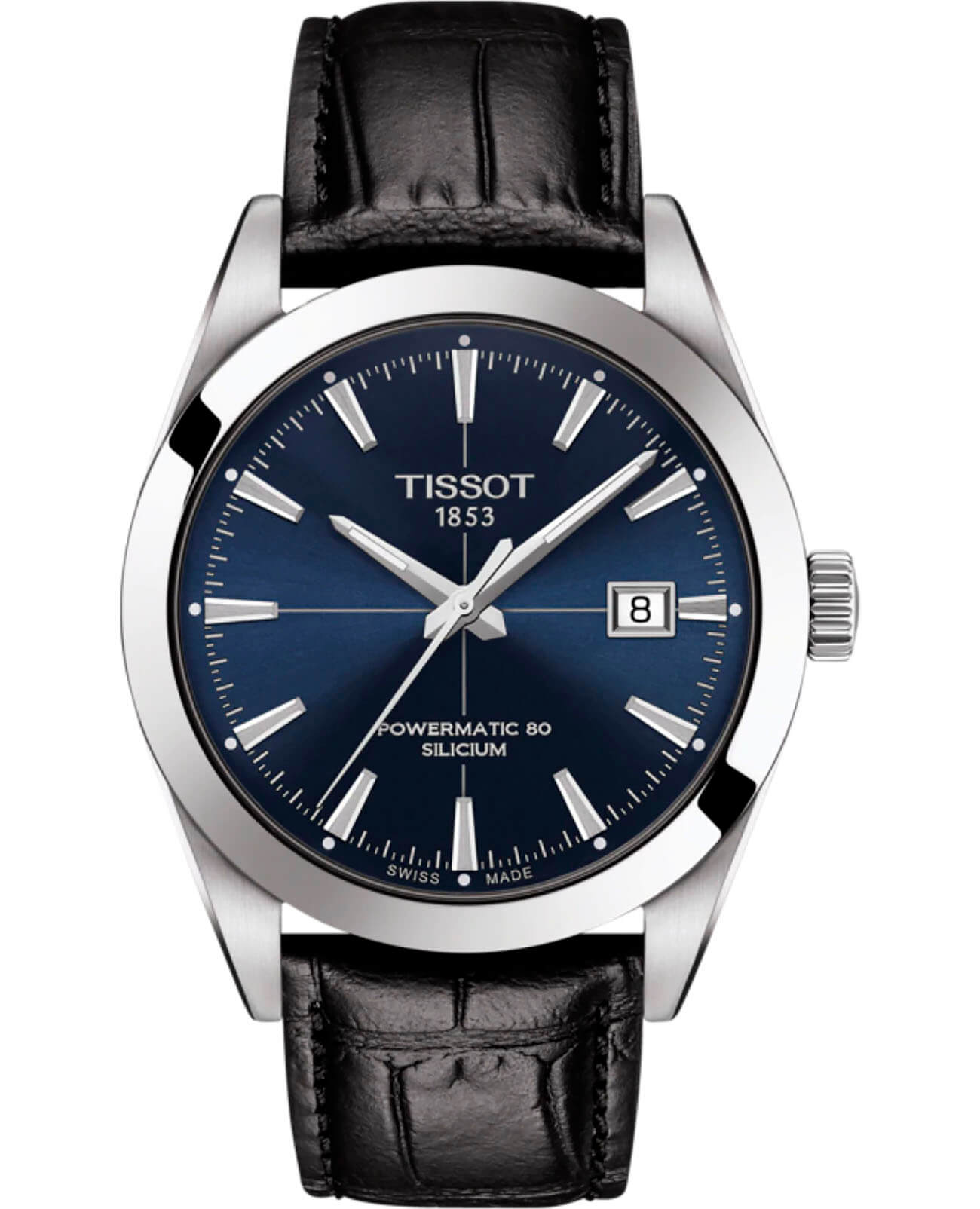 Tissot Tissot Gentleman Powermatic 80 Silicium T127.407.16.041.01 Gentleman T1274071604101 механические мужские часы синий циферблат, браслет кожаный — вид спереди