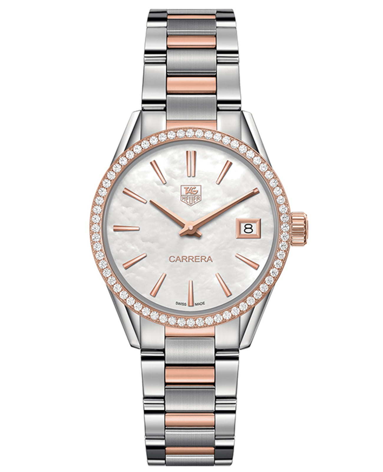 TAG Heuer TAG Heuer Carrera WAR1353.BD0779  WAR1353.BD0779 кварцевые женские часы перламутровый циферблат, браслет нержавеющая сталь + золото 18к — вид спереди