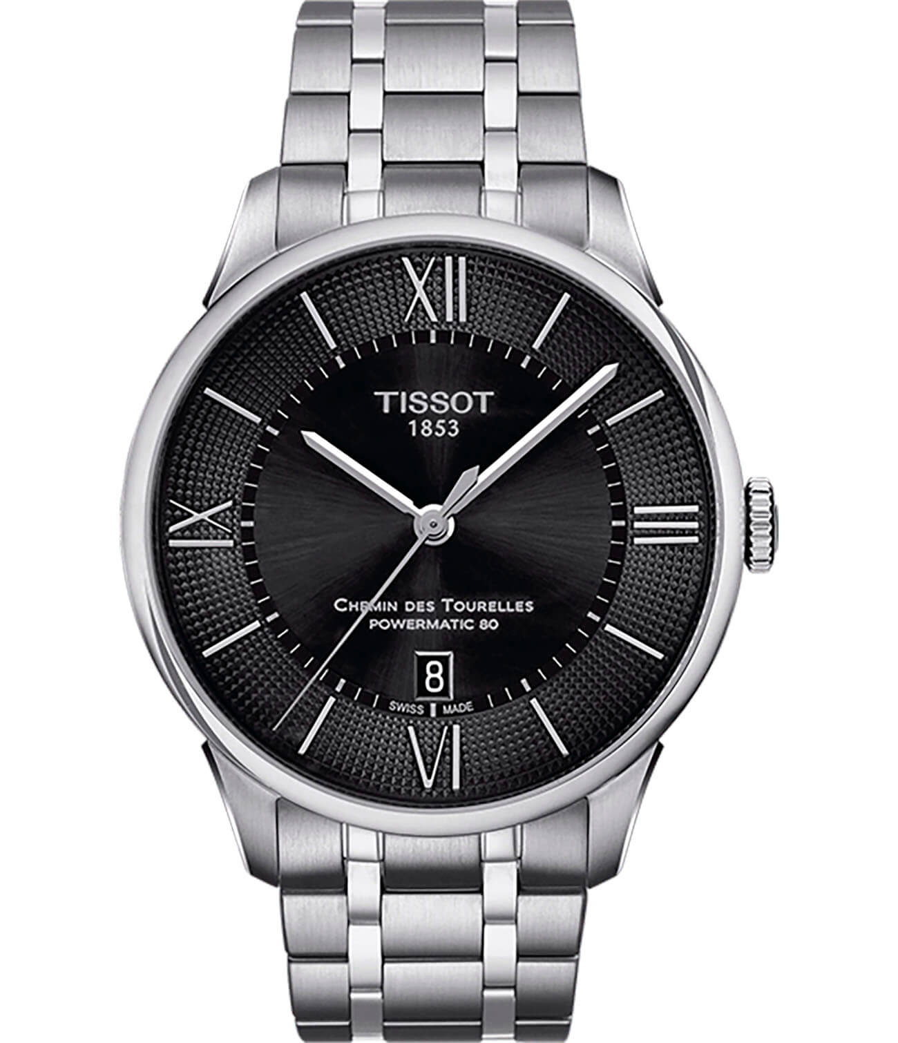 Tissot Tissot Chemin des Tourelles Powermatic 80 T099.407.11.058.00 Chemin des Tourelles T0994071105800 механические мужские часы черный циферблат, браслет нержавеющая сталь — вид спереди