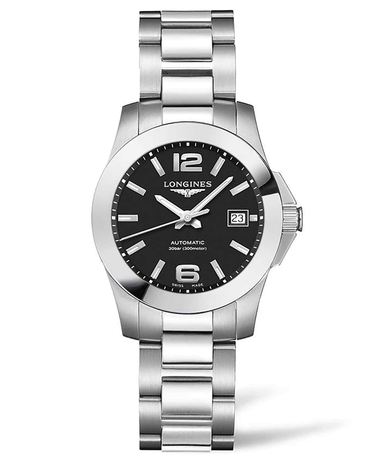 Longines Longines Conquest L3.276.4.58.6  L32764586 механические женские часы черный циферблат, браслет нержавеющая сталь — вид спереди