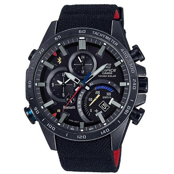 Casio Casio Edifice EQB-501TRC-1A EQB EQB-501TRC-1A кварцевые мужские часы черный циферблат, браслет тканевый — вид спереди