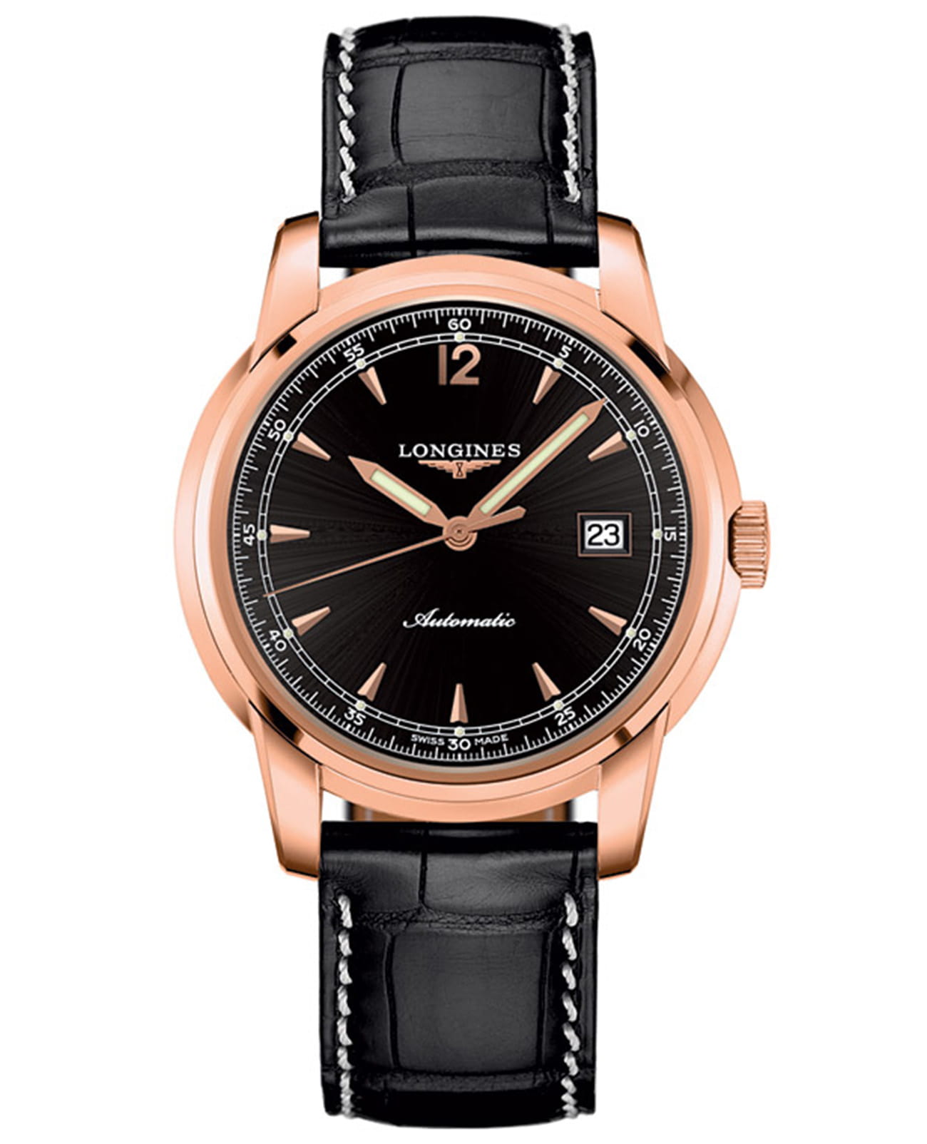 Longines Longines Master Collection L2.766.8.59.4  L27668594 механические мужские часы черный циферблат, браслет кожаный — вид спереди