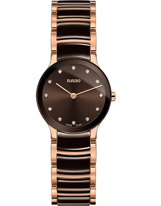 Rado Rado Centrix Diamonds R30190702  R30190702 кварцевые женские часы коричневый циферблат, браслет сталь + pvd + керамика — вид спереди