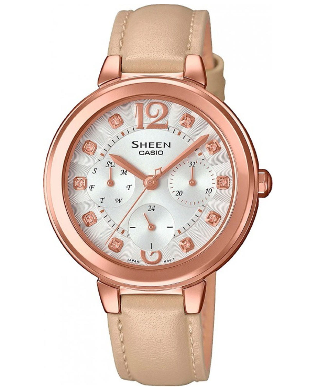 Casio Casio Sheen SHE-3048PGL-7BUER  SHE-3048PGL-7B кварцевые женские часы серебристый циферблат, браслет кожаный — вид спереди