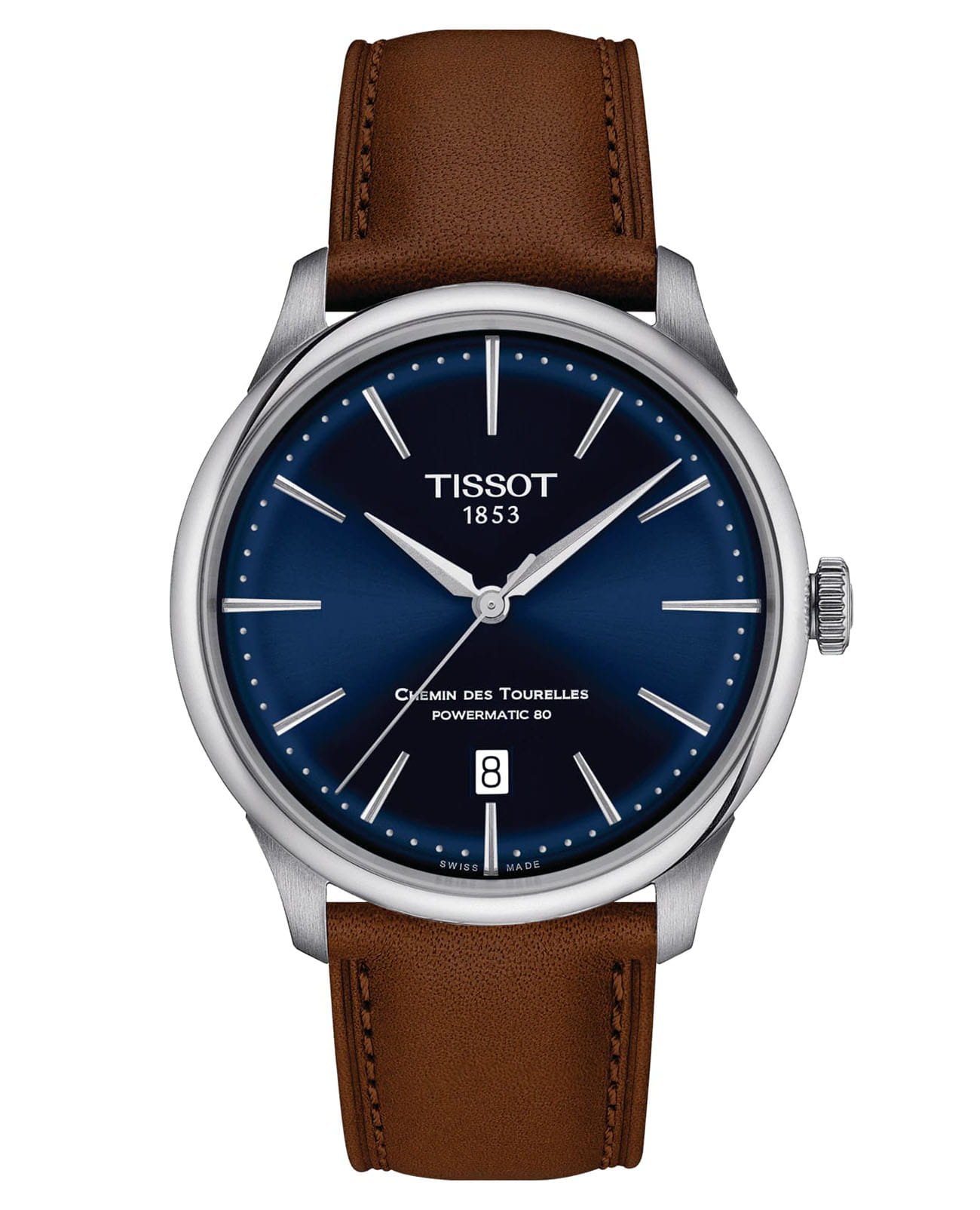 Tissot Tissot Chemin des Tourelles Powermatic 80 T139.807.16.041.00 Chemin des Tourelles T1398071604100 механические мужские часы синий циферблат, браслет кожаный — вид спереди