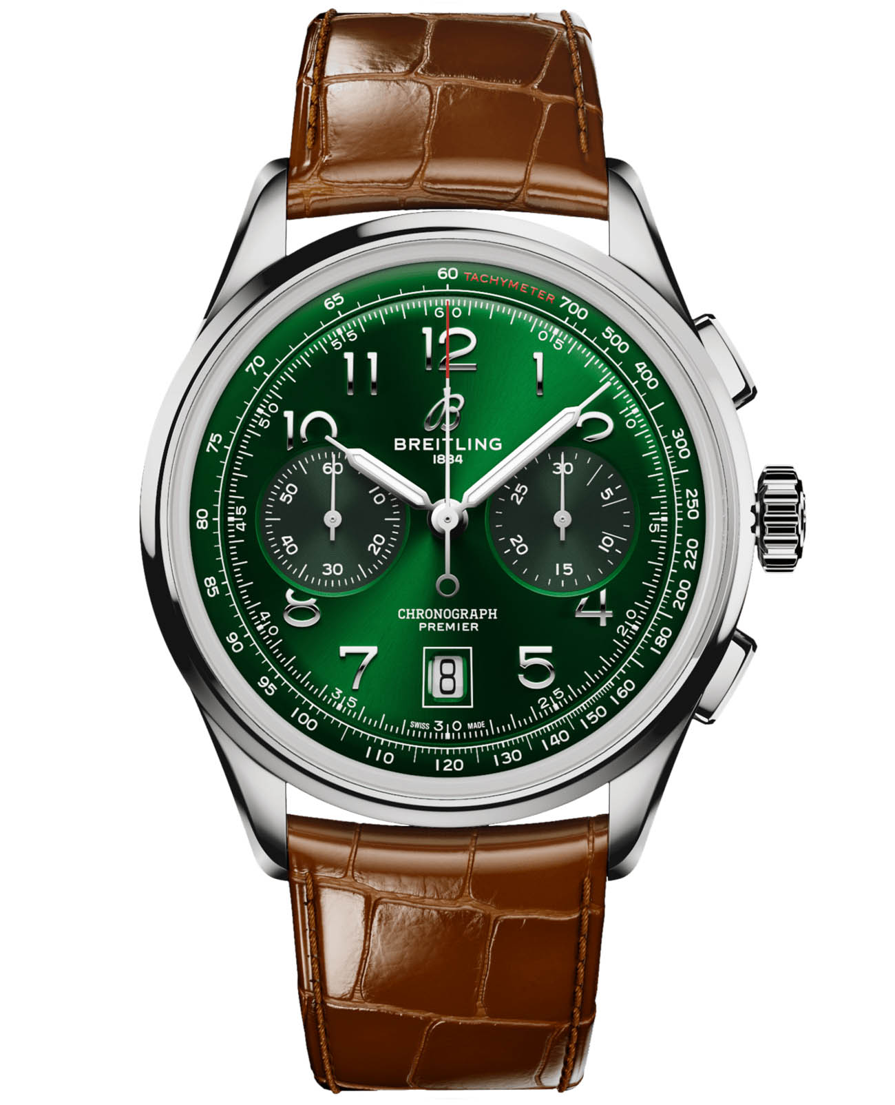 Breitling Breitling Premier B01 Chronograph 42 AB0145371L1P1  AB0145371L1P1 механические мужские часы зеленый циферблат, браслет кожаный — вид спереди