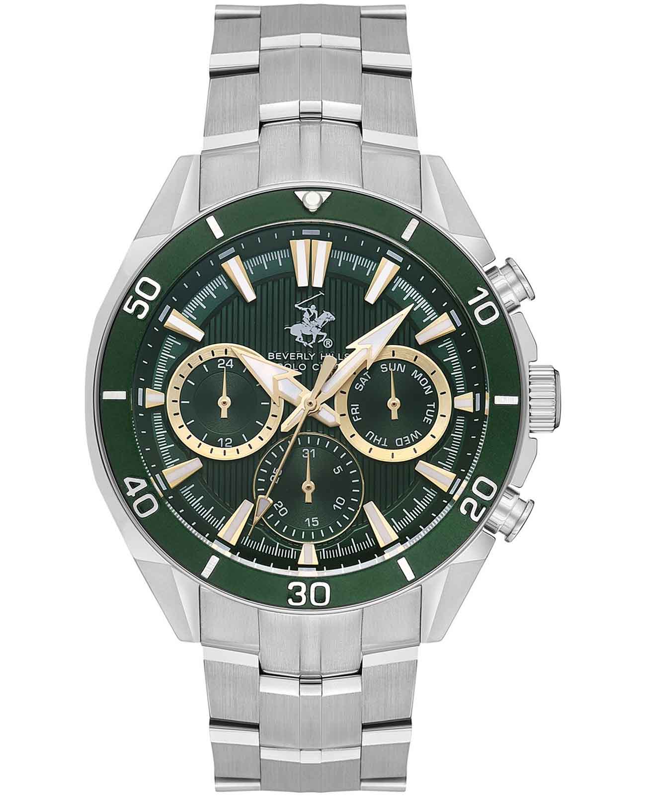 Beverly Hills Polo Club Beverly Hills Polo Club Quartz BP3599X.370  BP3599X.370 кварцевые мужские часы зеленый циферблат, браслет нержавеющая сталь — вид спереди