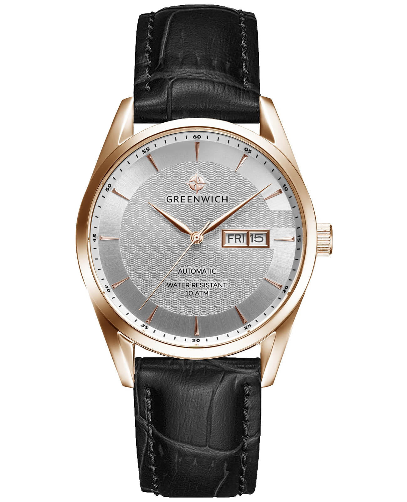 Greenwich Greenwich Good Luck Classic GW 074.41.33  GW 074.41.33 механические мужские часы серебристый циферблат, браслет кожаный — вид спереди