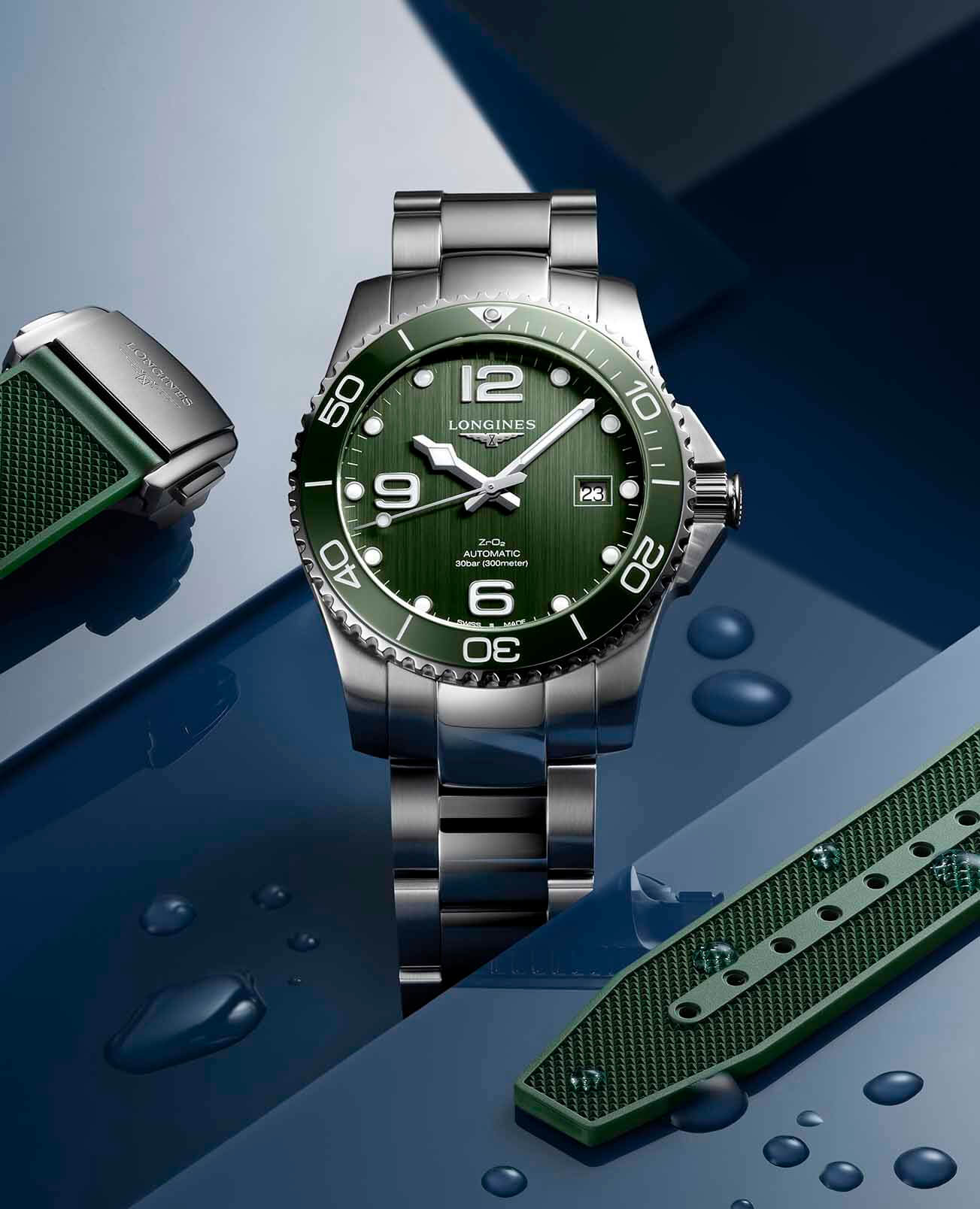 Longines Longines HydroConquest L3.785.4.06.6 механические мужские часы часы крупный план зеленый циферблата