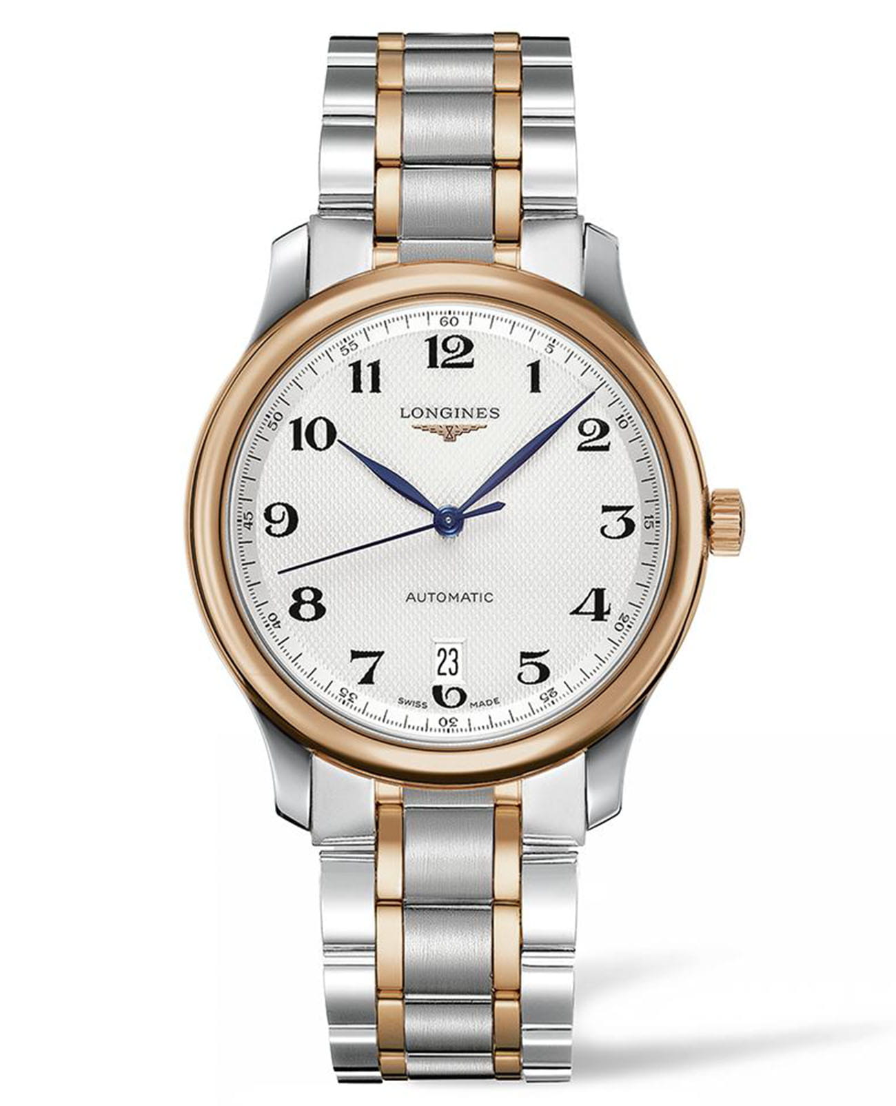 Longines Longines Master Collection L2.628.5.79.7  L26285797 механические мужские часы белый циферблат, браслет нержавеющая сталь + золото 18к — вид спереди