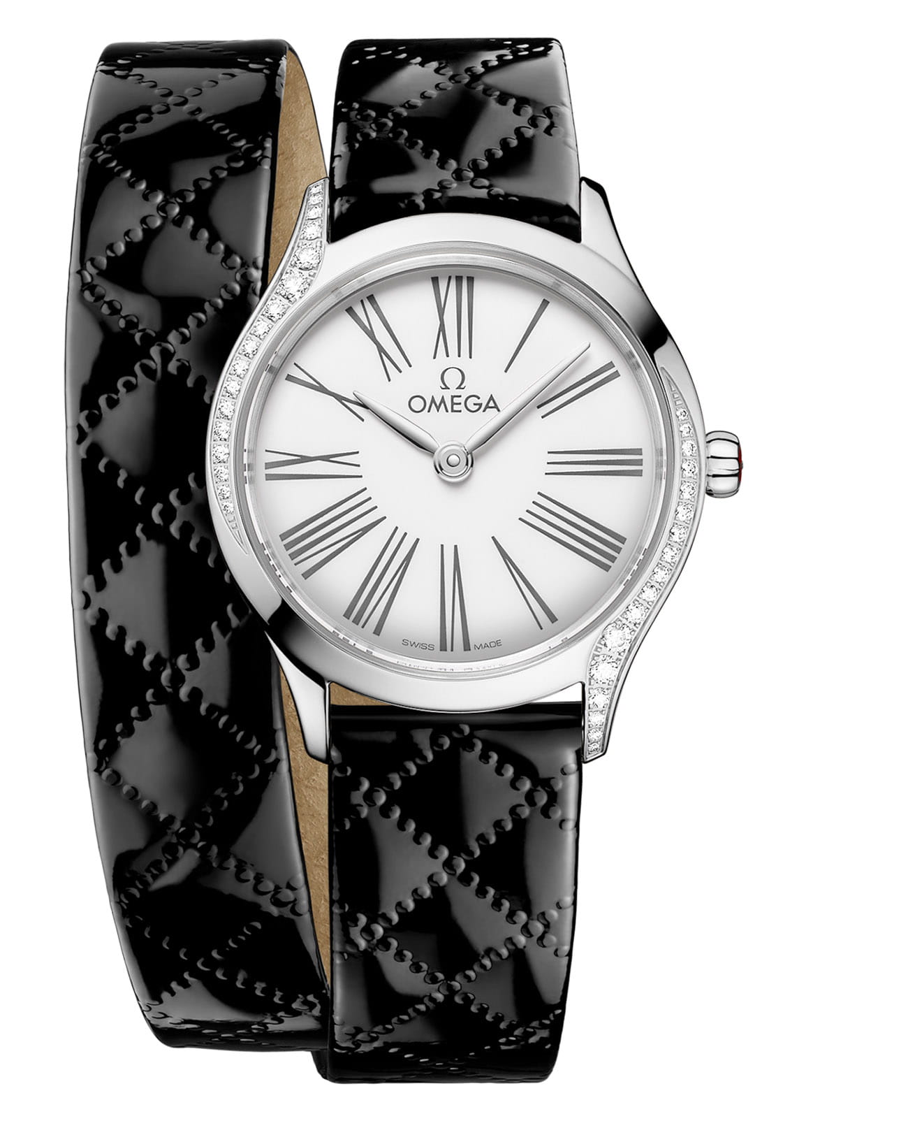 Omega Omega De Ville Mini Tresor 428.17.26.60.04.007  42817266004007 кварцевые женские часы белый циферблат, браслет кожаный — вид спереди