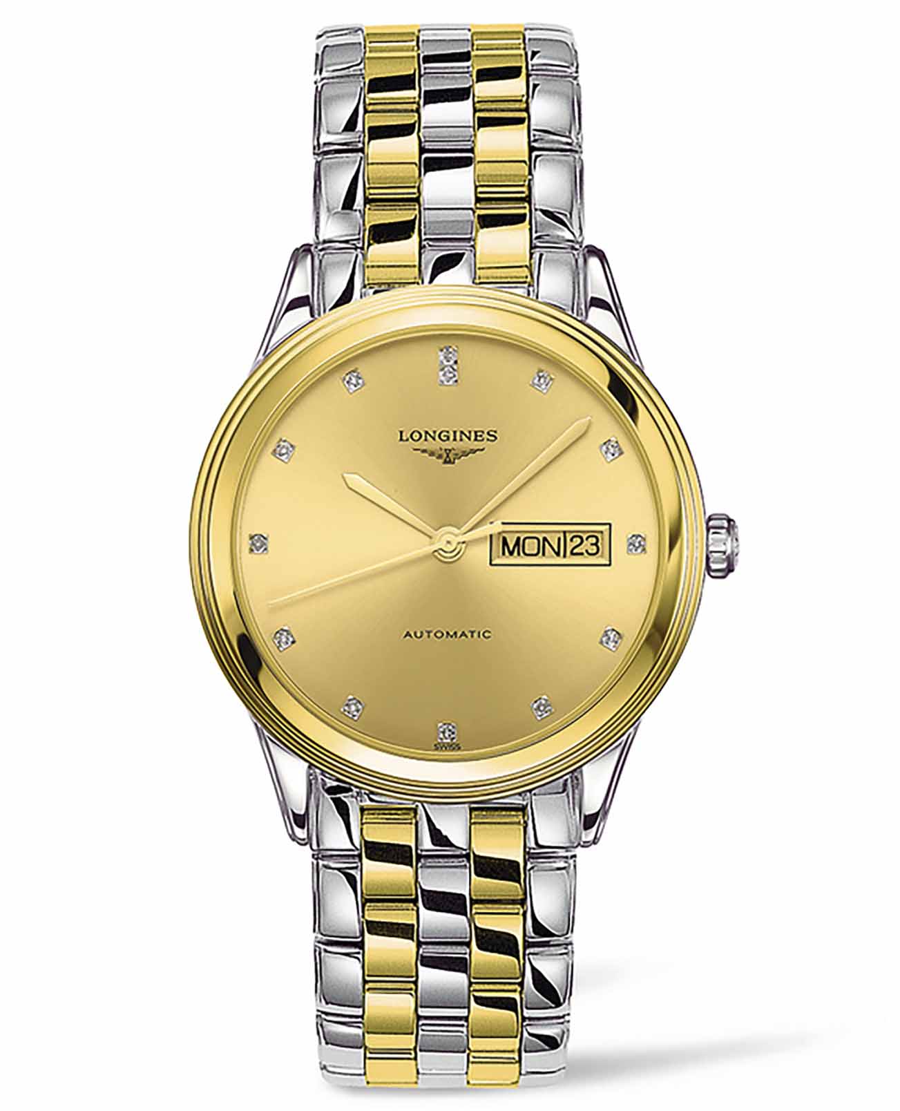 Longines Longines Flagship L4.899.3.37.7  L48993377 механические мужские часы золотой циферблат, браслет сталь c pvd покрытием — вид спереди