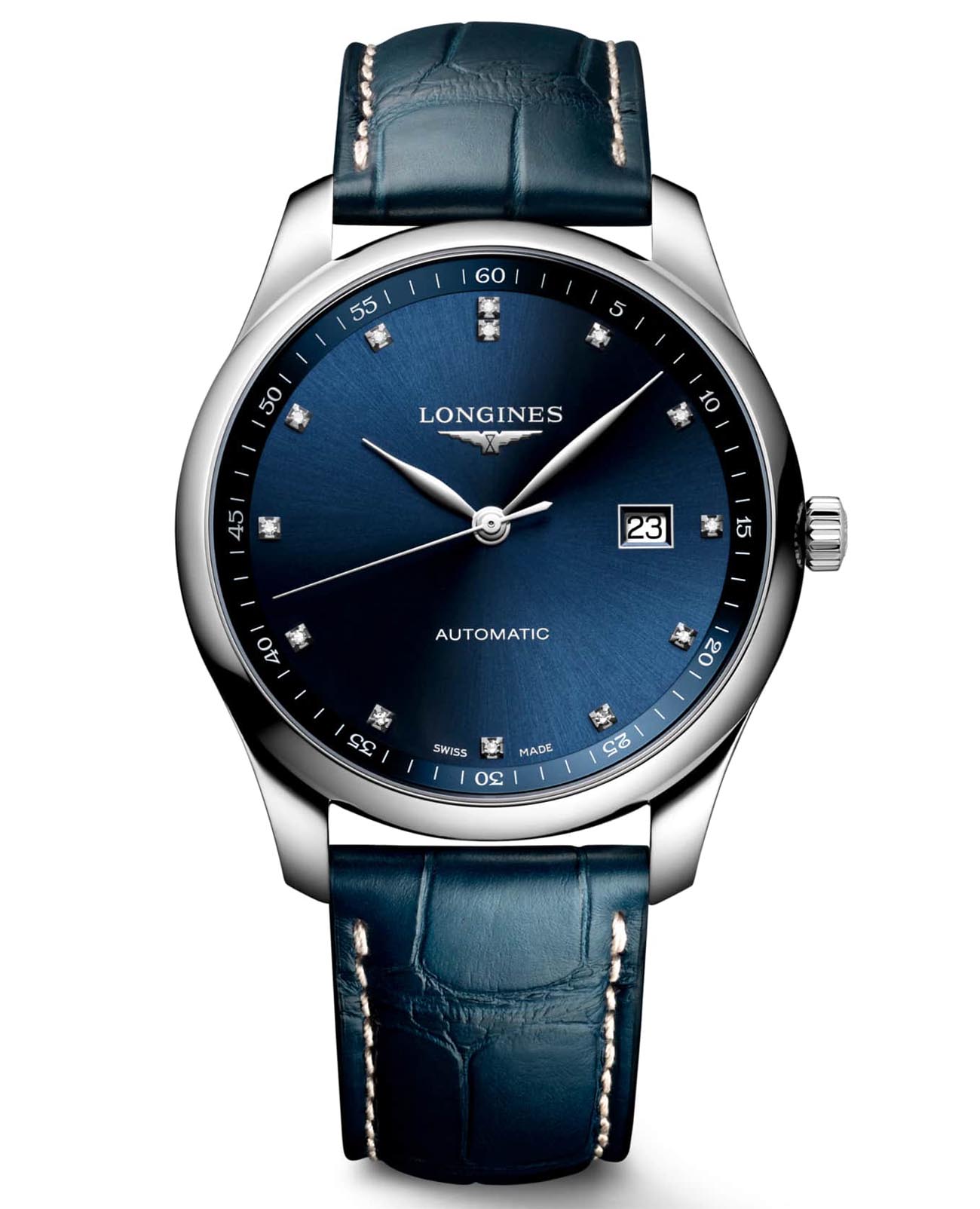 Longines Longines Master Collection L2.893.4.97.0  L28934970 механические мужские часы синий циферблат, браслет кожаный — вид спереди