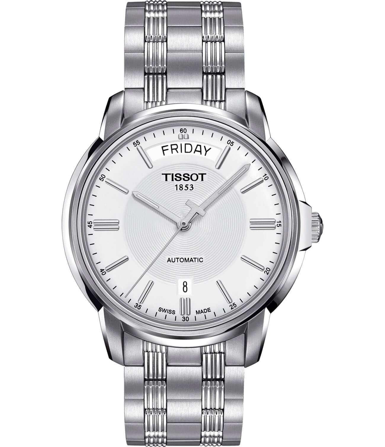 Tissot Tissot Automatics III Day Date T065.930.11.031.00 Automatics III T0659301103100 механические мужские часы белый циферблат, браслет нержавеющая сталь — вид спереди