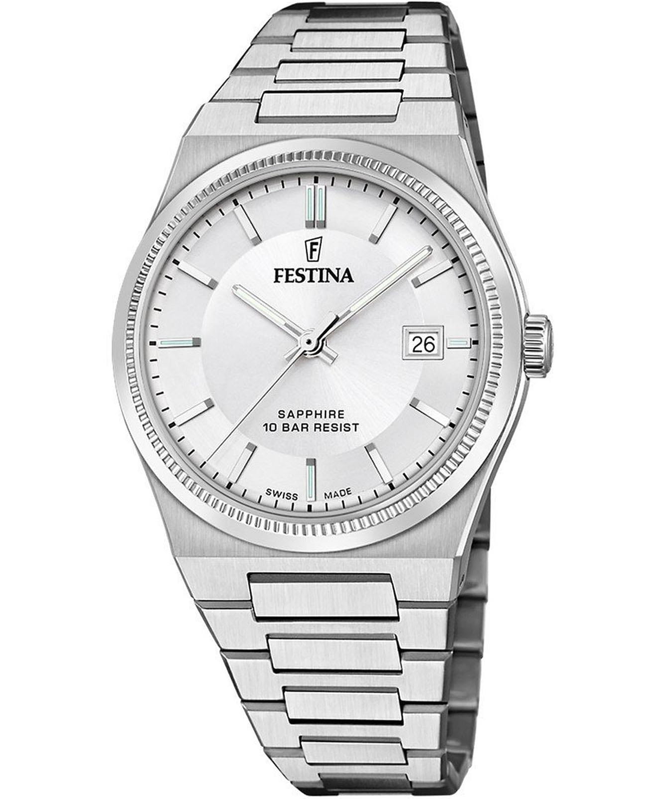 Festina Festina Classics F20034/1  F20034/1 кварцевые мужские часы серебристый циферблат, браслет нержавеющая сталь — вид спереди