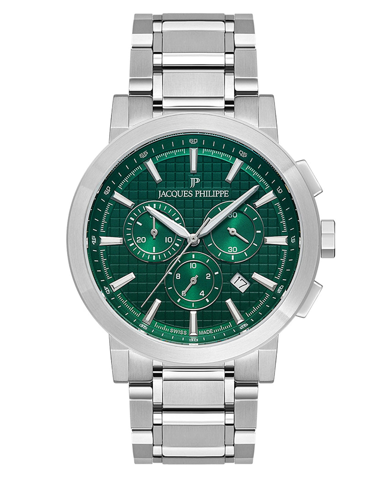 Jacques Philippe Jacques Philippe Round JPQGC1713X6  JPQGC1713X6 кварцевые мужские часы зеленый циферблат, браслет нержавеющая сталь — вид спереди