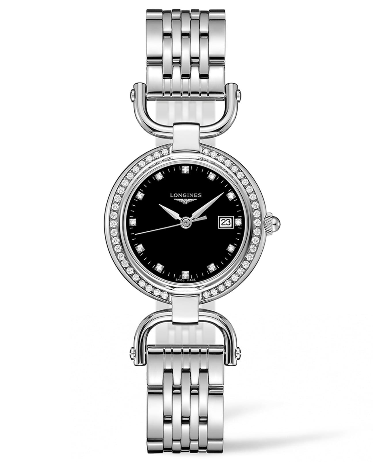 Longines Longines Equestrian Collection L6.131.0.57.6  L61310576 кварцевые женские часы черный циферблат, браслет нержавеющая сталь 316l — вид спереди